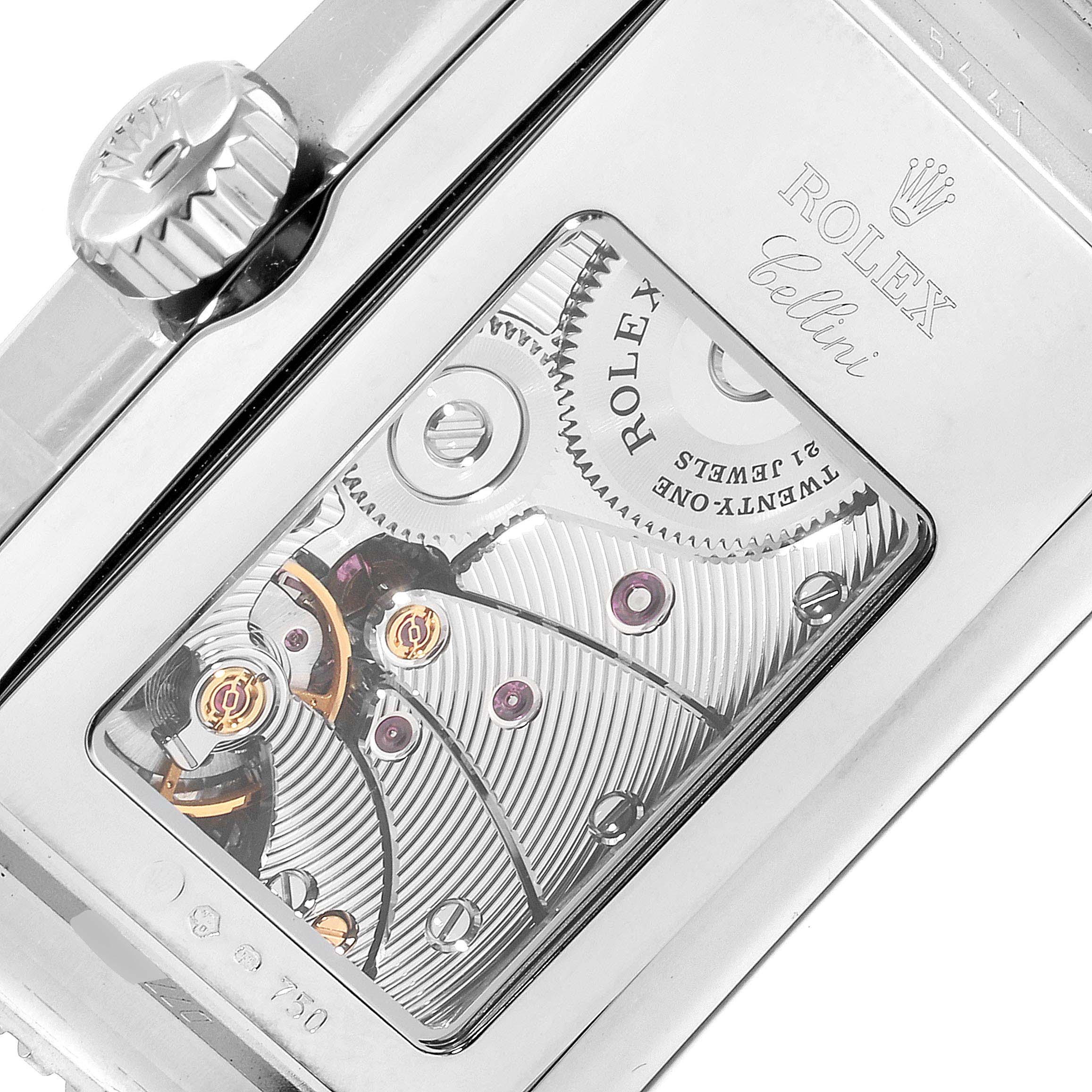 This is a close-up view of the Rolex Cellini 5441/9 Men's White Gold Silver Dial 5441/9 Men's White Gold Silver Dial watch's movement and crown.