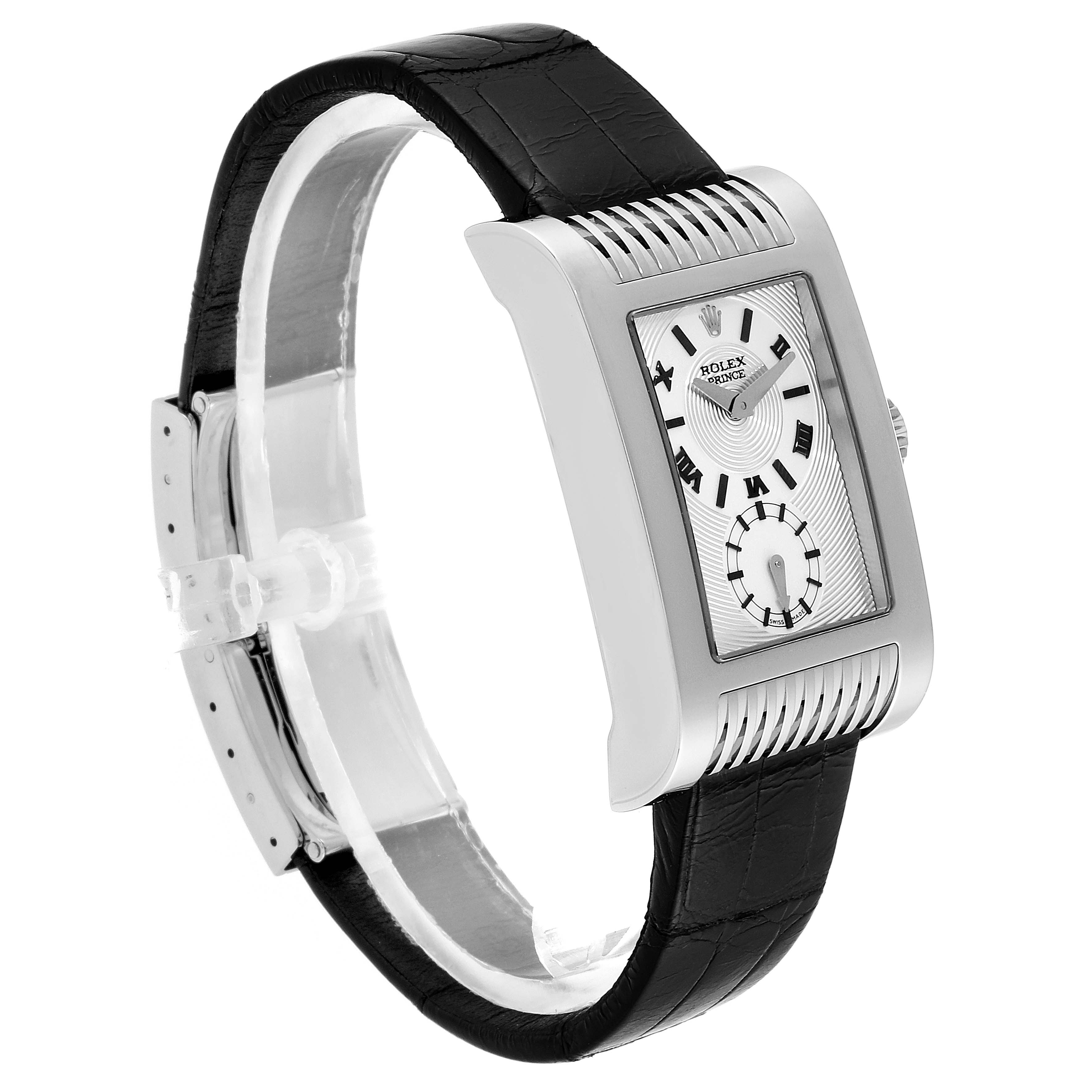 The image shows a side view of a Rolex Cellini 5441/9 Men's White Gold Silver Dial 5441/9 Men's White Gold Silver Dial watch, highlighting its rectangular case and leather strap.