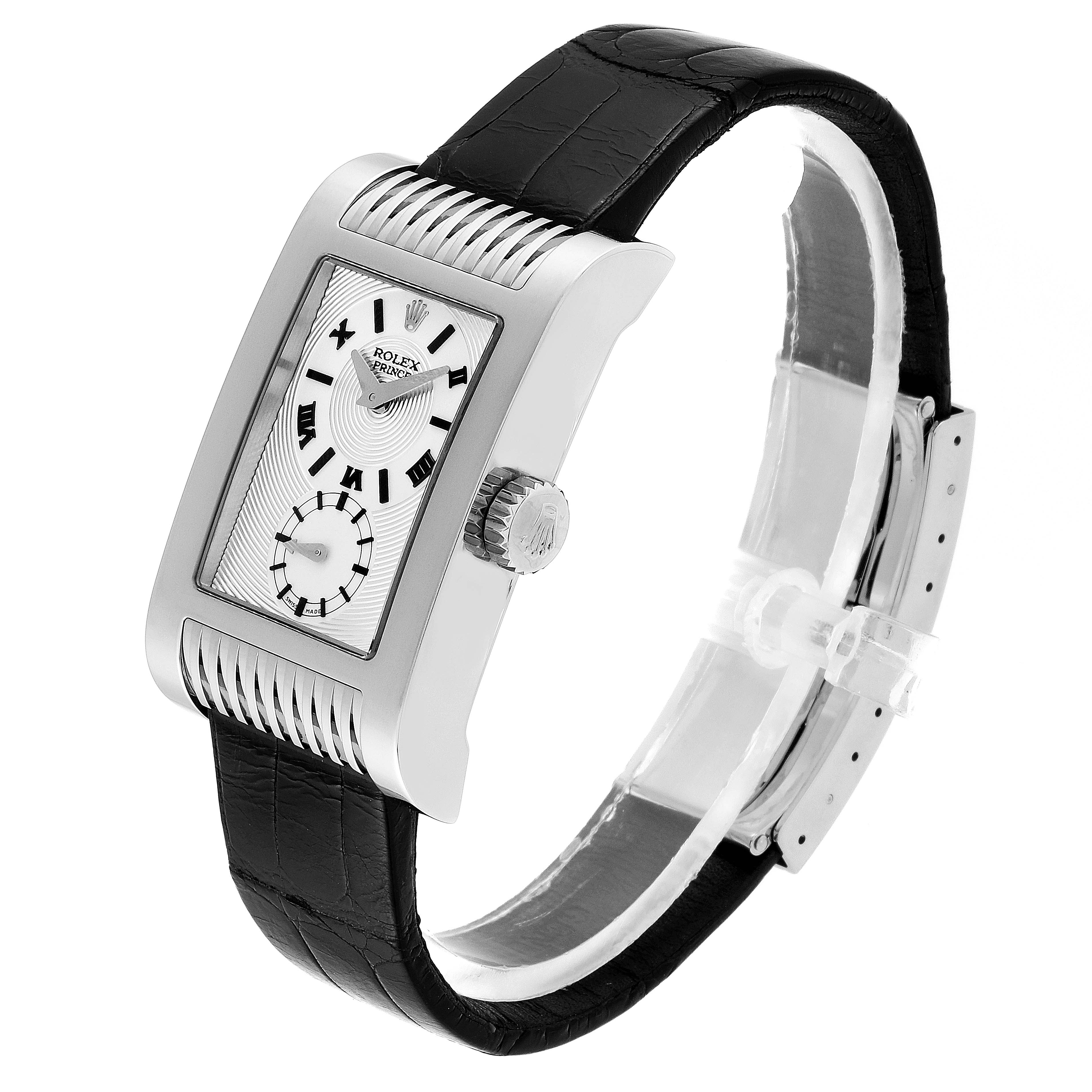 The image shows a side angle of the Rolex Cellini 5441/9 Men's White Gold Silver Dial 5441/9 Men's White Gold Silver Dial watch, emphasizing its dial, crown, and leather strap.