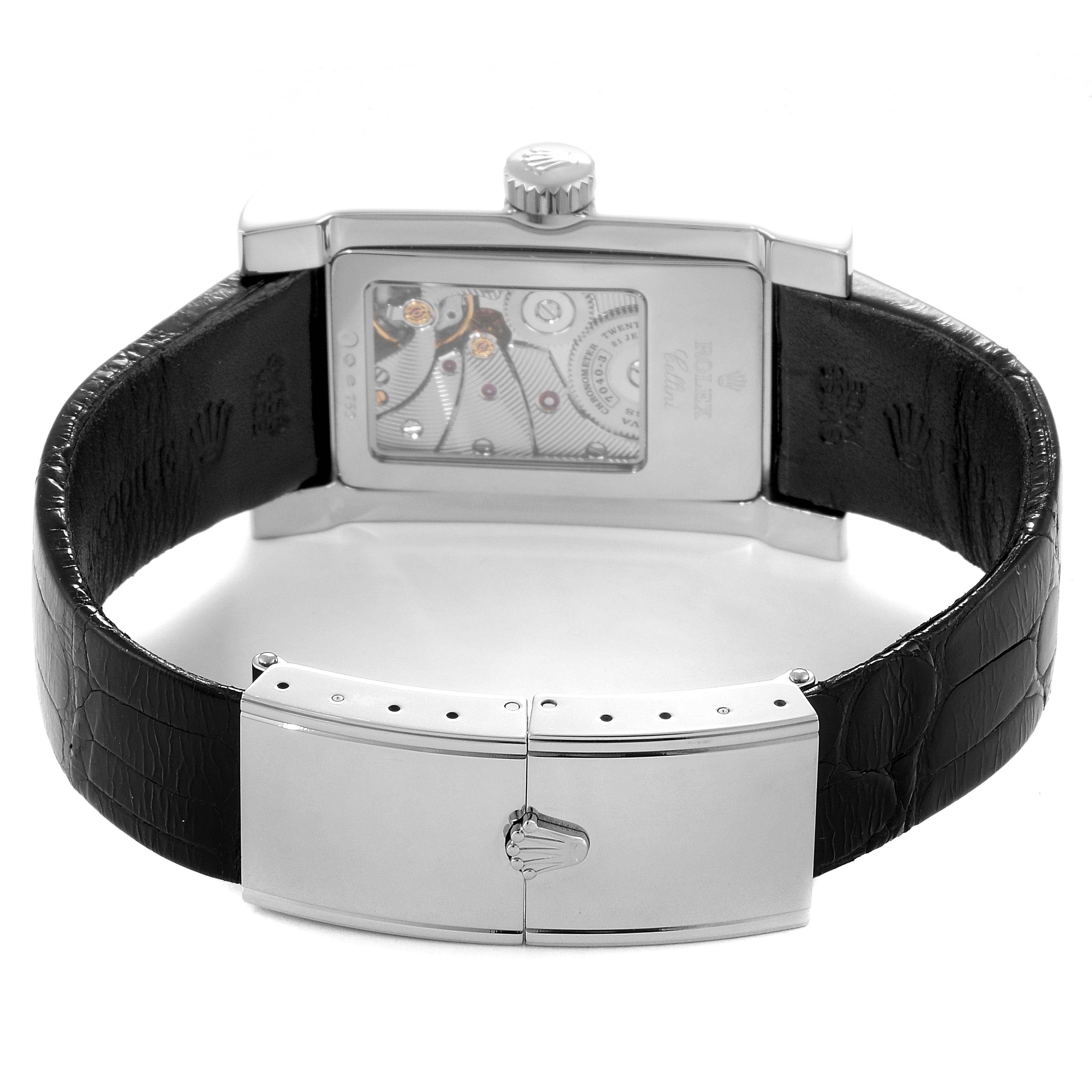 The image shows the backside of a Rolex Cellini 5441/9 Men's White Gold Silver Dial 5441/9 Men's White Gold Silver Dial watch, displaying the movement through a transparent case back and a black leather strap with a clasp.