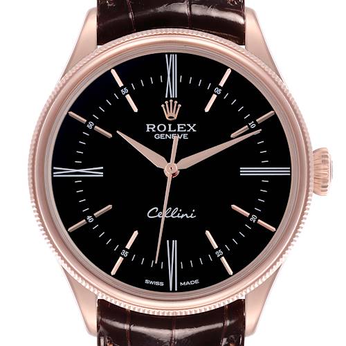 The Rolex Cellini 50505 Men's Rose Gold Black Dial watch is shown from a front angle, displaying the dial, hands, crown, and part of the strap.