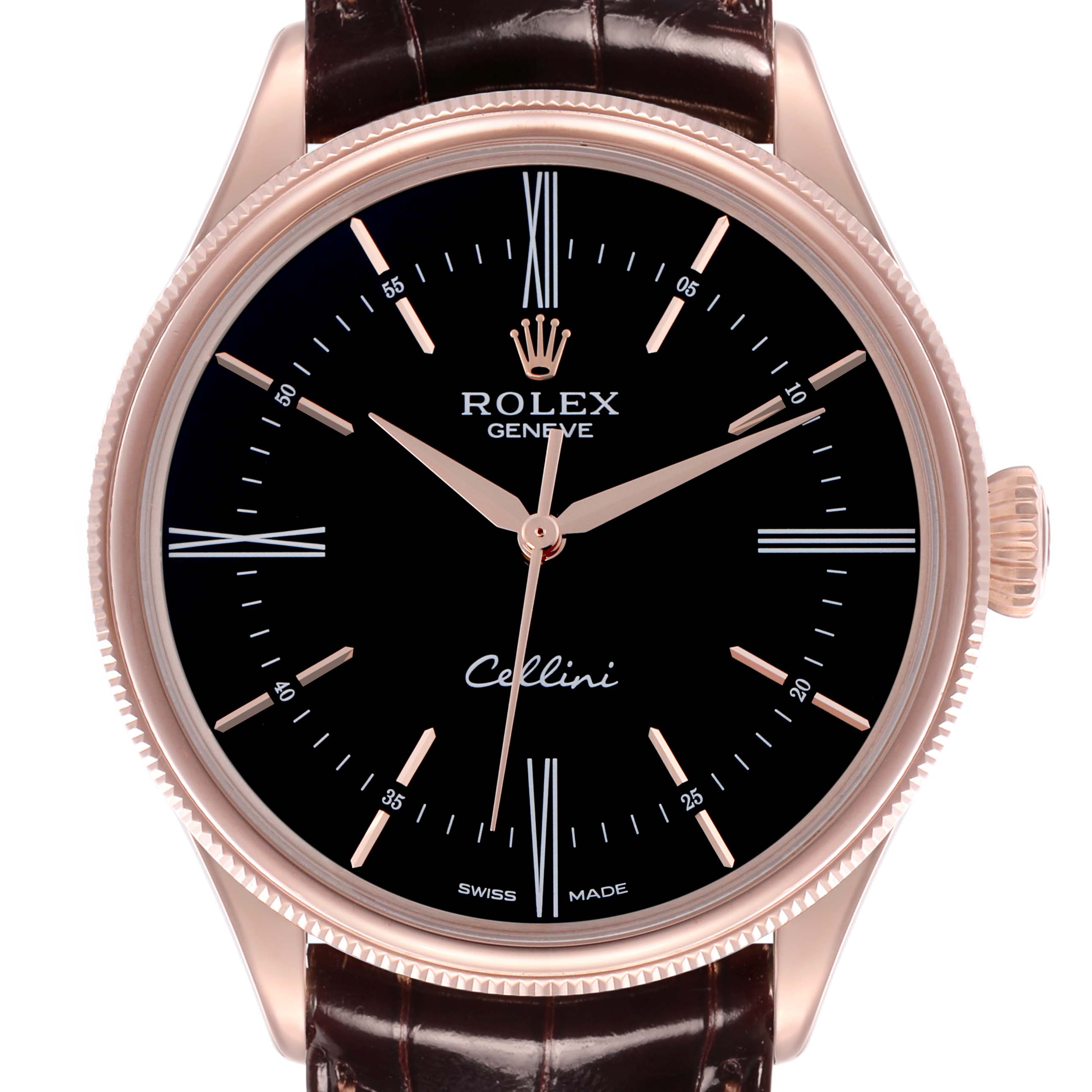 The Rolex Cellini 50505 Men's Rose Gold Black Dial watch is shown from a front-facing angle, highlighting the dial, hands, and crown.