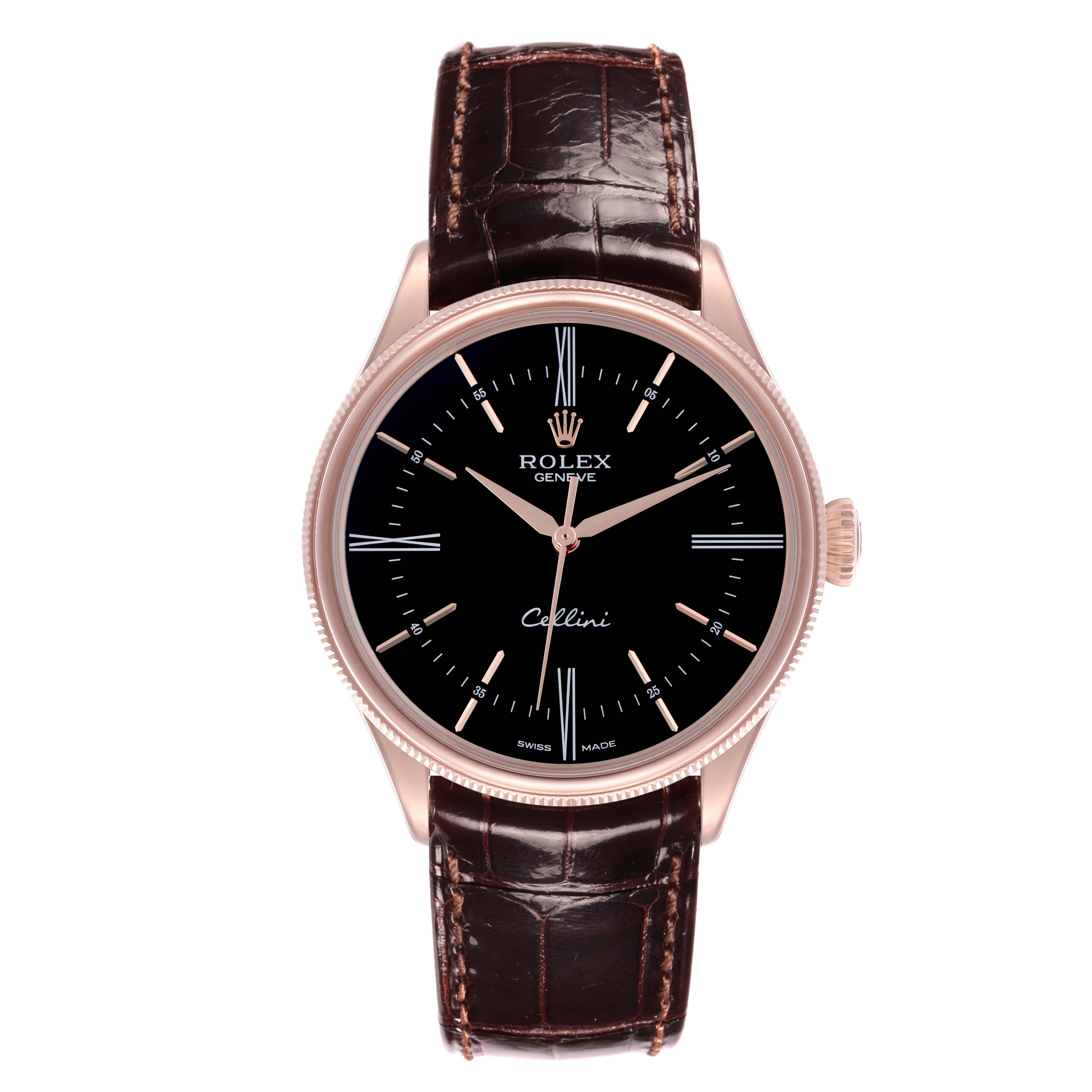 The image shows a frontal view of a Rolex Cellini 50505 Men's Rose Gold Black Dial watch, highlighting the dial, hands, crown, and alligator leather strap.