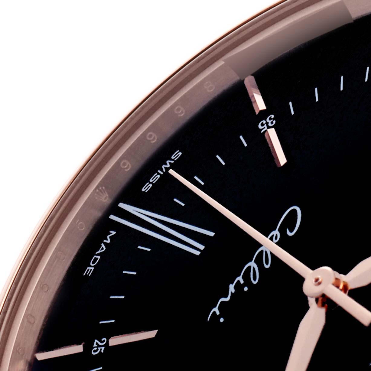 The image shows a close-up of the Rolex Cellini 50505 Men's Rose Gold Black Dial watch, focusing on the dial with visible hands and hour markers.