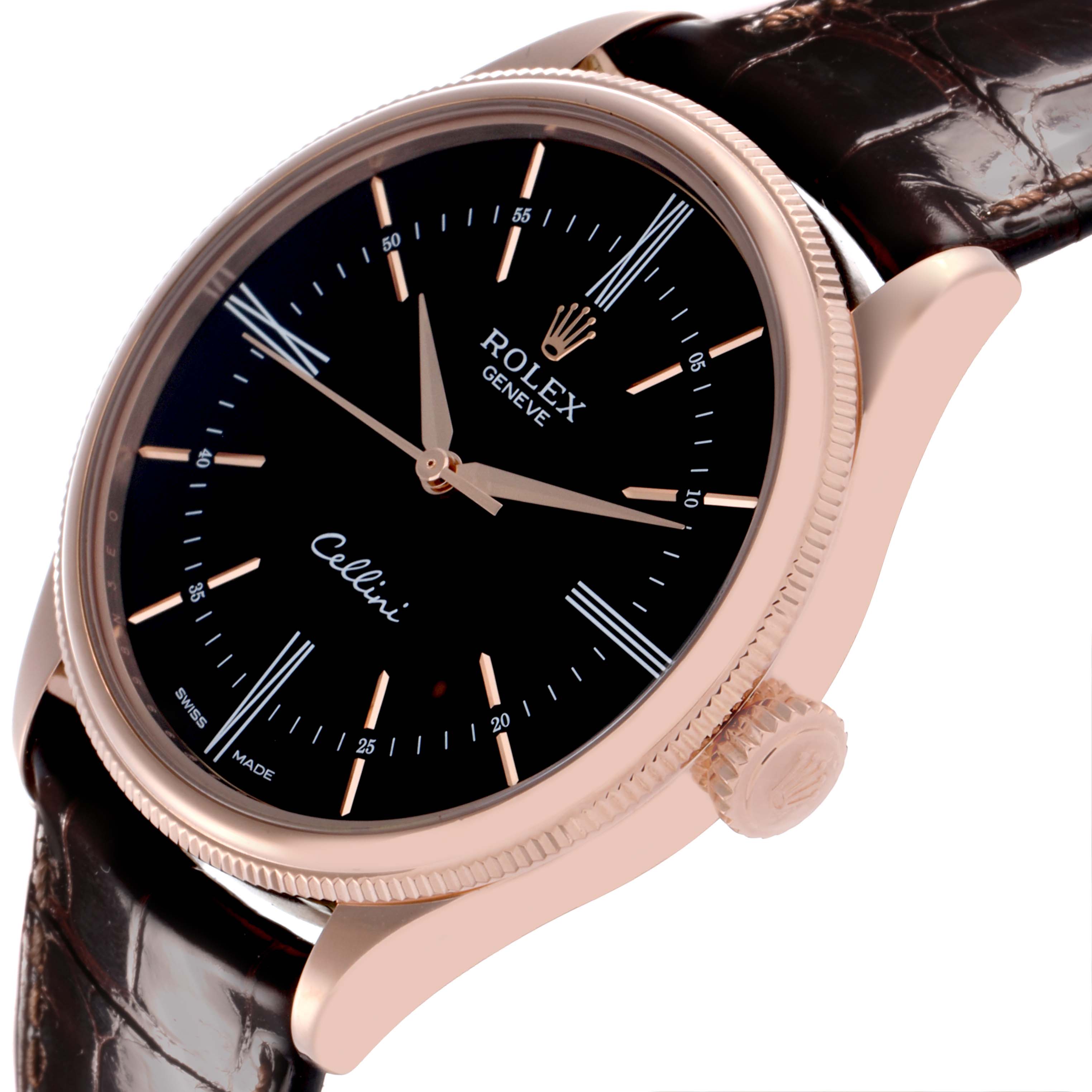 The Rolex Cellini 50505 Men's Rose Gold Black Dial watch is shown at an angle highlighting the face, crown, and part of the strap.