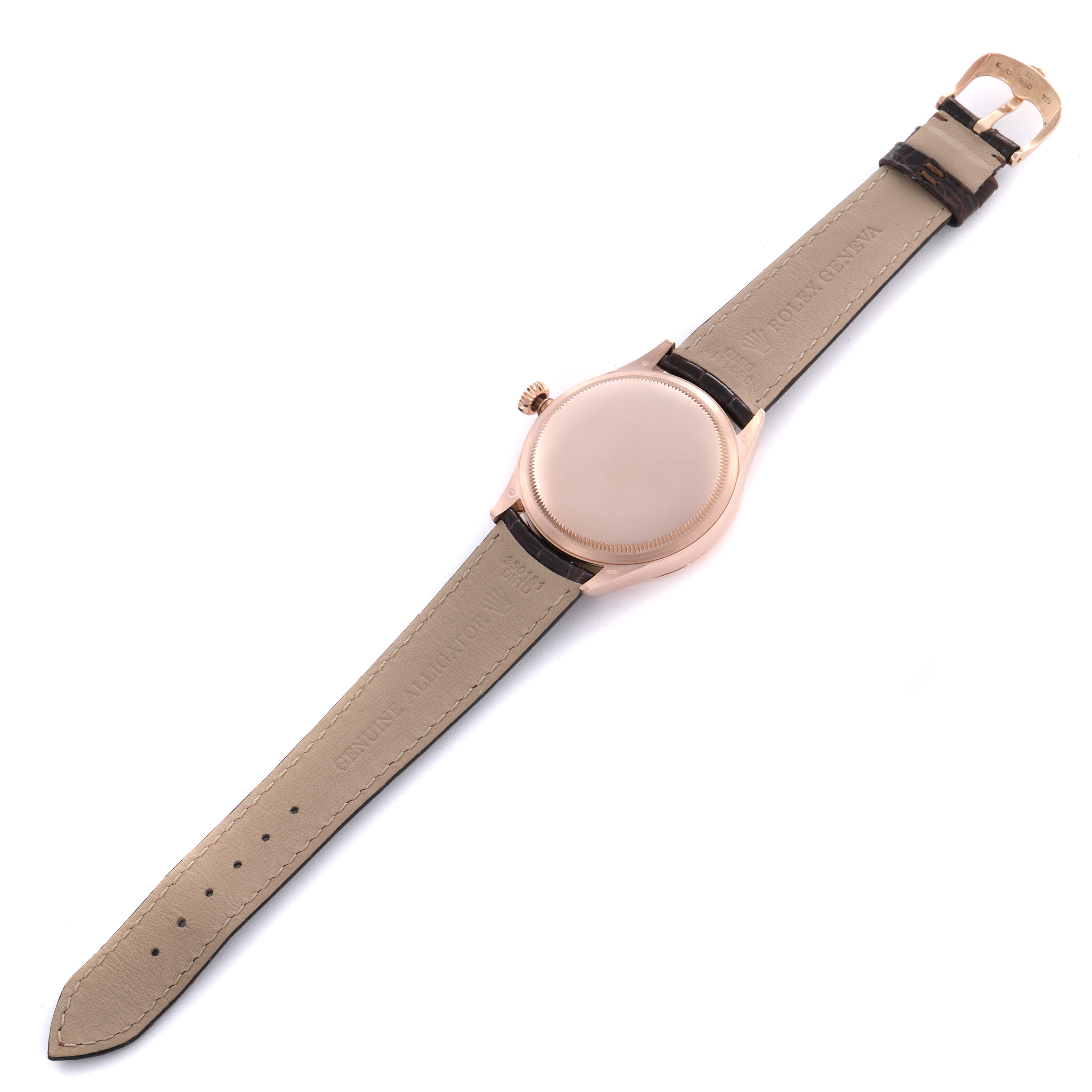 The Rolex Cellini 50505 Men's Rose Gold Black Dial watch is shown from the backside, showcasing the strap, buckle, and case back.