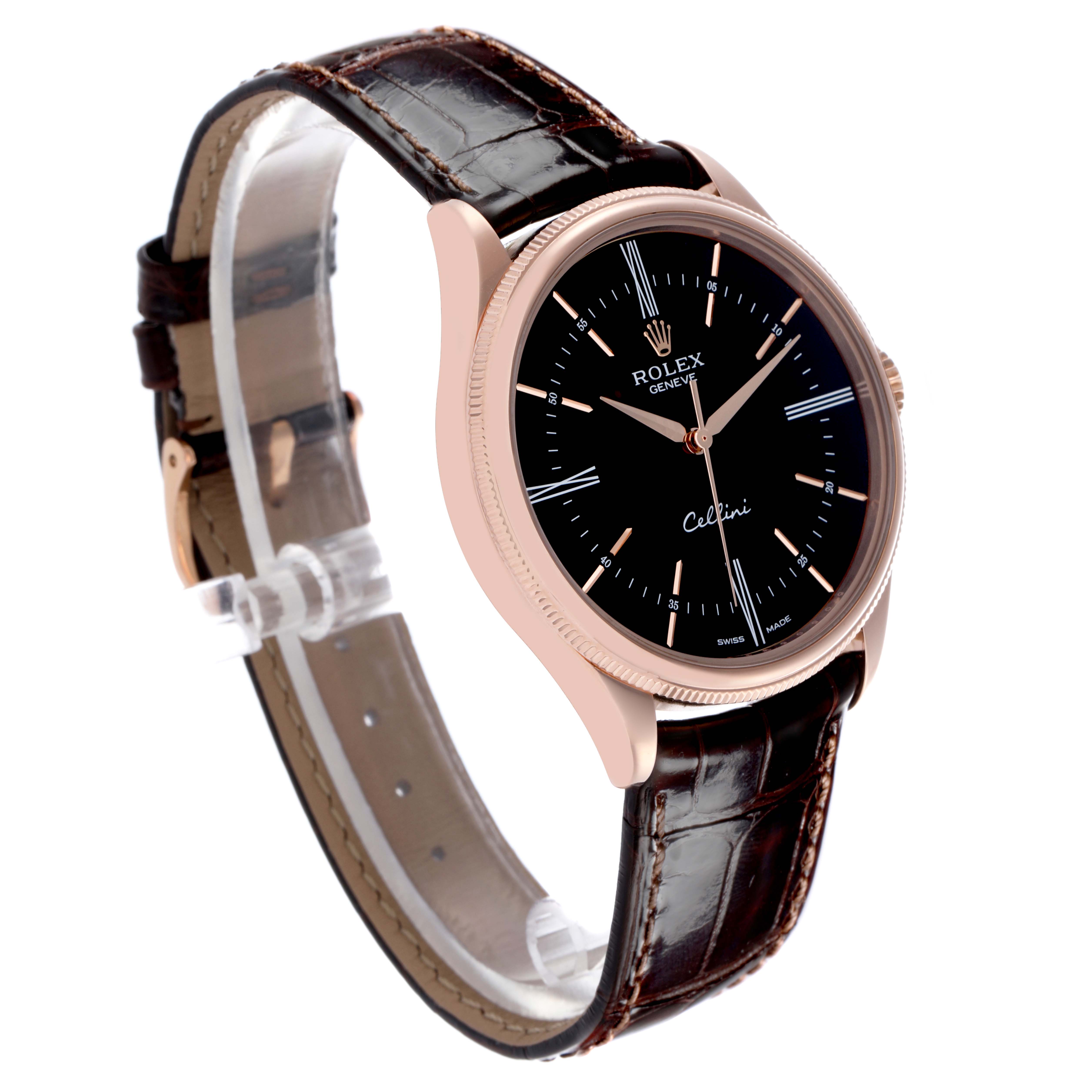 The Rolex Cellini 50505 Men's Rose Gold Black Dial watch is shown at an oblique angle highlighting the dial, case, and leather strap.