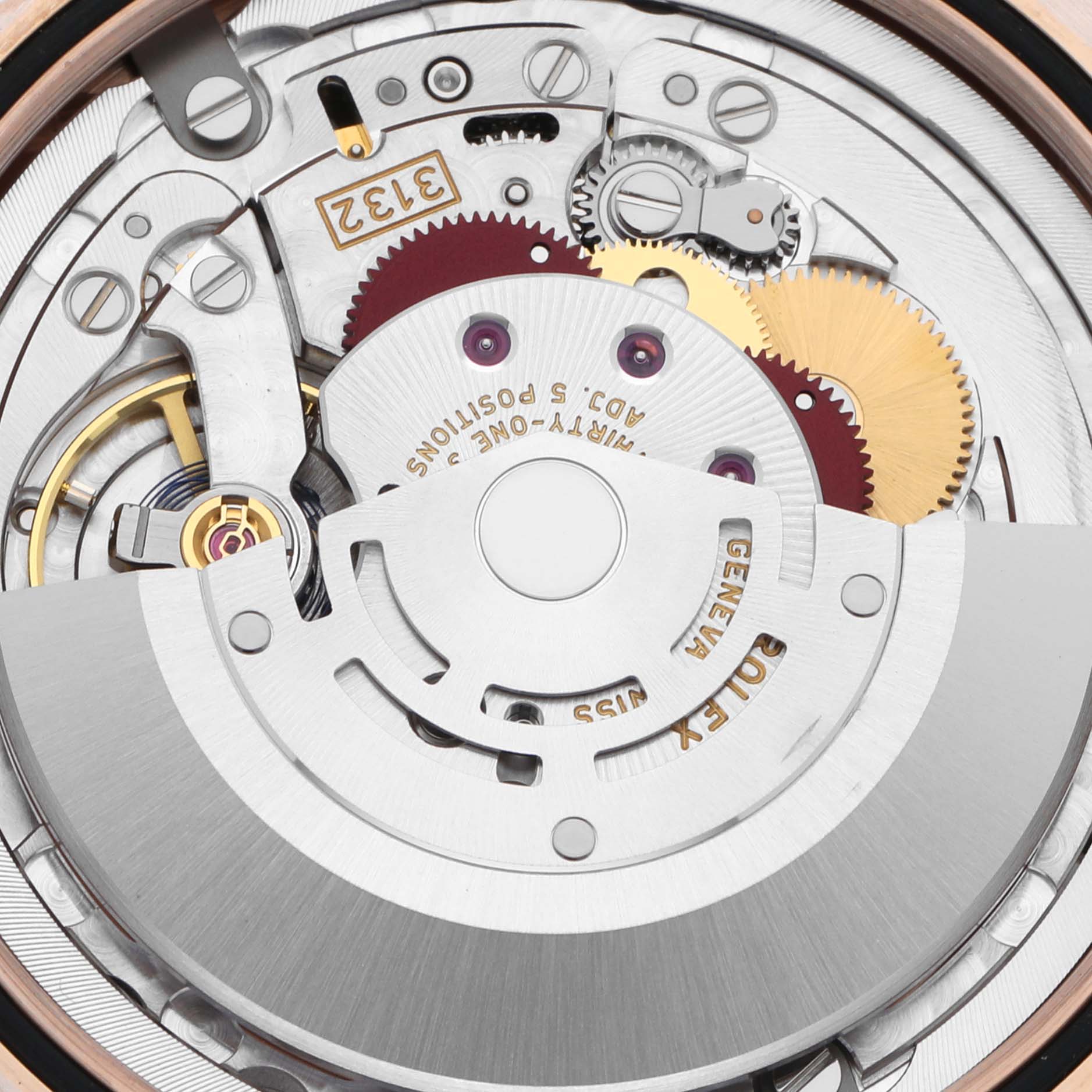 The image shows a close-up view of the Rolex Cellini 50505 Men's Rose Gold Black Dial watch movement, highlighting the gears and mechanism from a top angle.