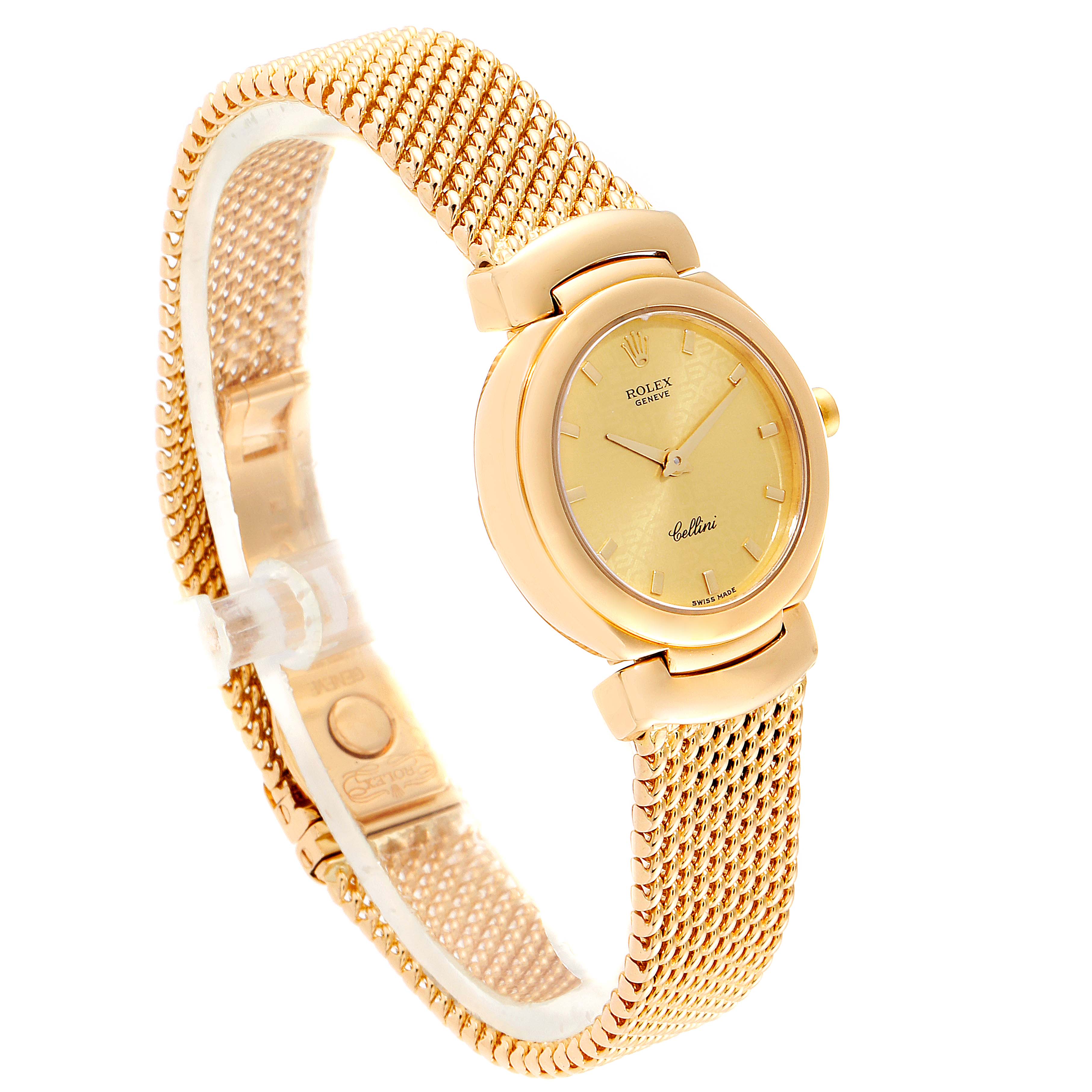 The Rolex Cellini 6621 Women's Yellow Gold Champagne Dial 6621 Women's Yellow Gold Champagne Dial watch is shown at a three-quarter angle, displaying the gold mesh strap, round dial, and crown.