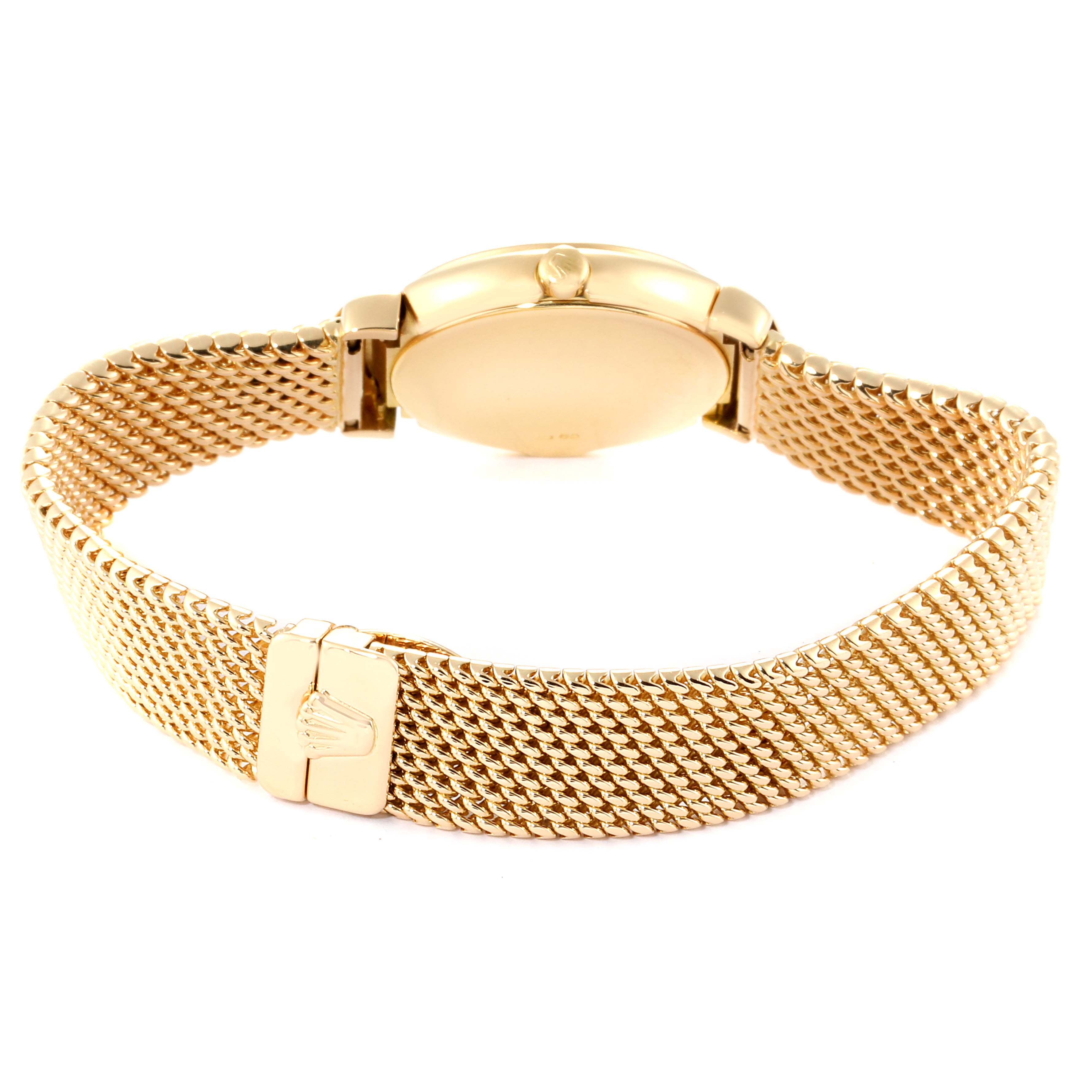 The image shows the back and sides of a Rolex Cellini 6621 Women's Yellow Gold Champagne Dial 6621 Women's Yellow Gold Champagne Dial watch with a gold mesh bracelet and clasp.