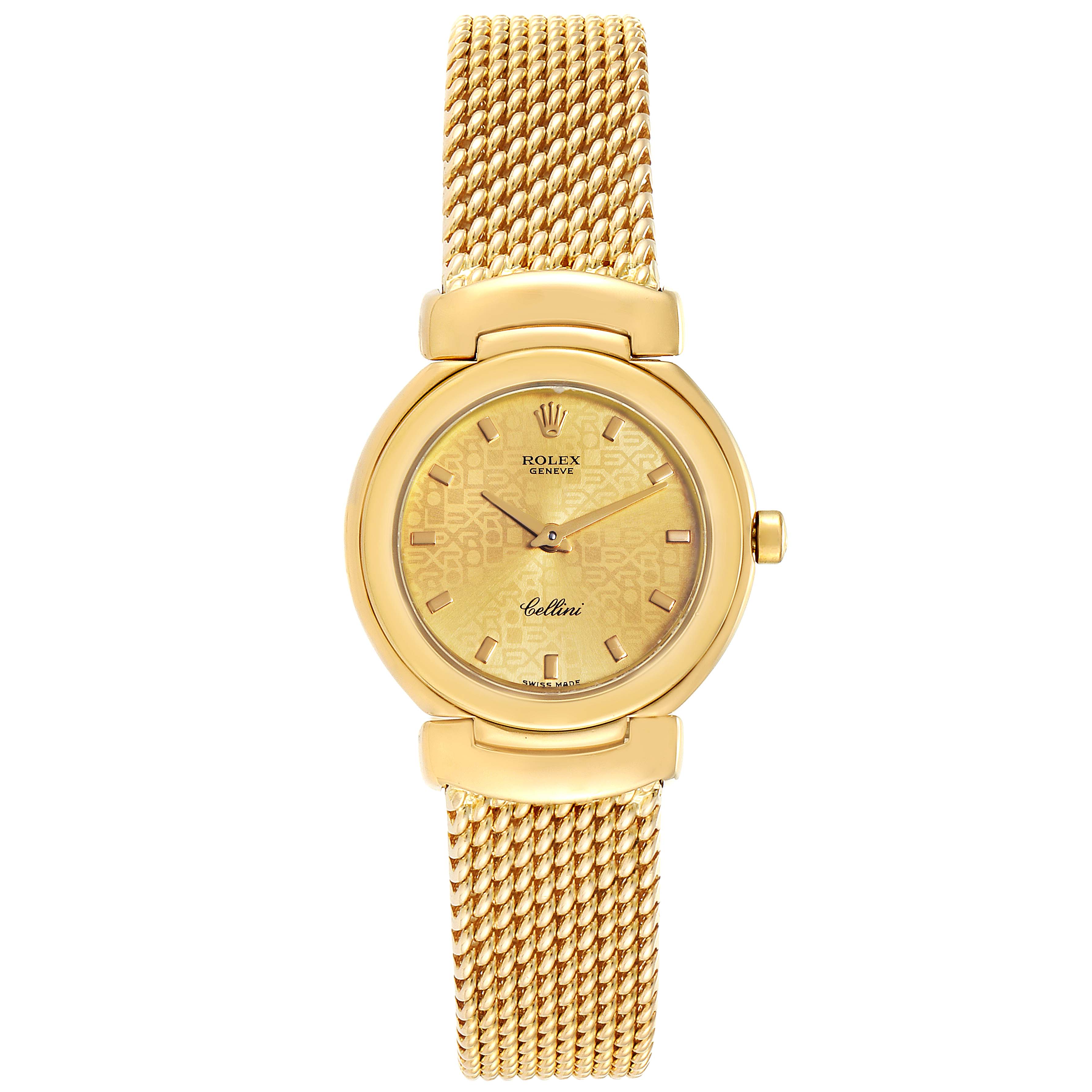 The image shows a front view of a Rolex Cellini 6621 Women's Yellow Gold Champagne Dial 6621 Women's Yellow Gold Champagne Dial watch featuring a gold case, gold dial, and gold mesh band.