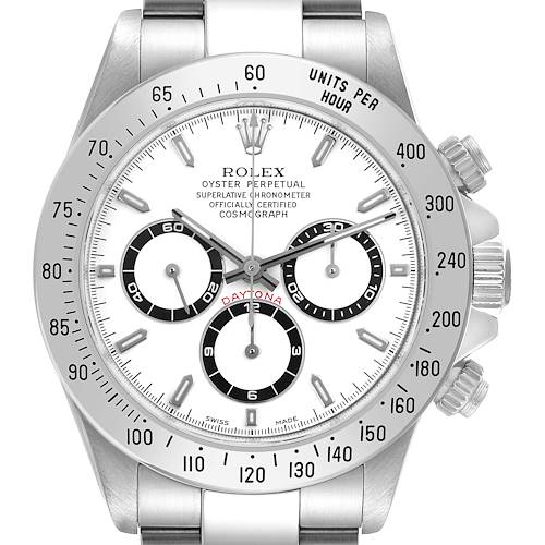 The Rolex Daytona 16520 Men's Stainless Steel White Dial watch is shown from a frontal angle, highlighting the dial, bezel, and pushers.
