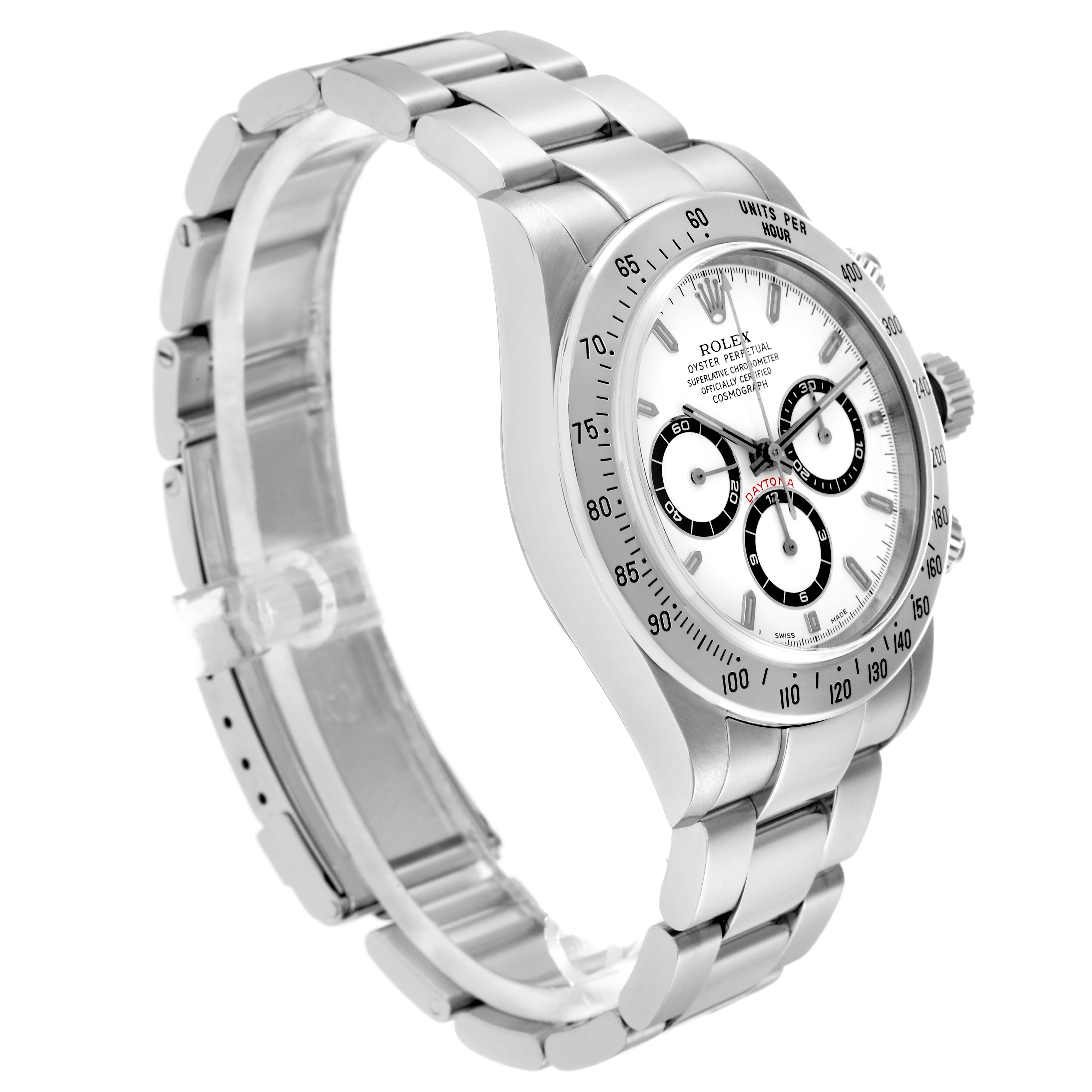 The Rolex Daytona 16520 Men
s Stainless Steel White Dial watch is shown at an angled side view, highlighting the face, bezel, and bracelet.