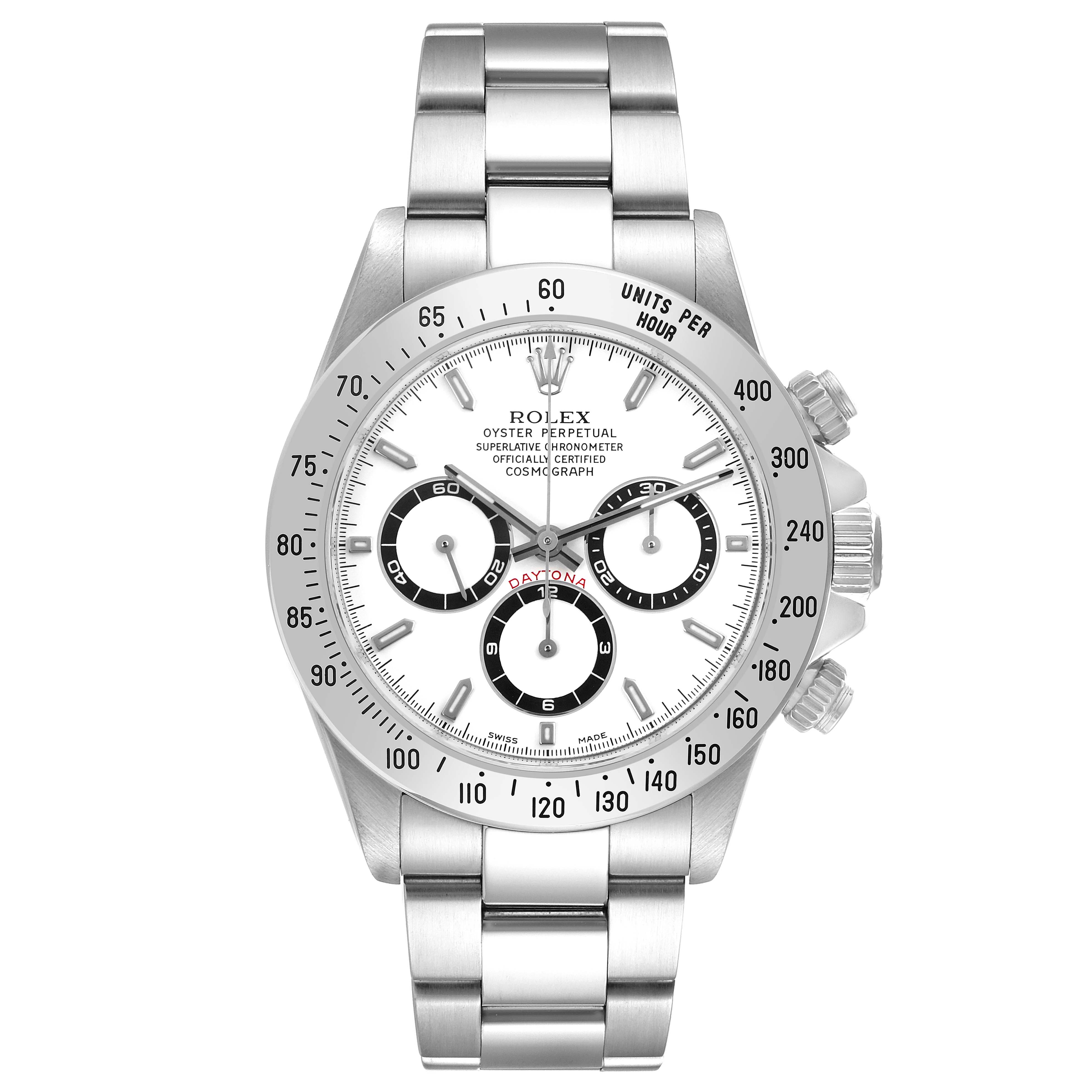 The Rolex Daytona 16520 Men
s Stainless Steel White Dial watch is shown from a front angle, displaying the dial, bezel, and bracelet clearly.