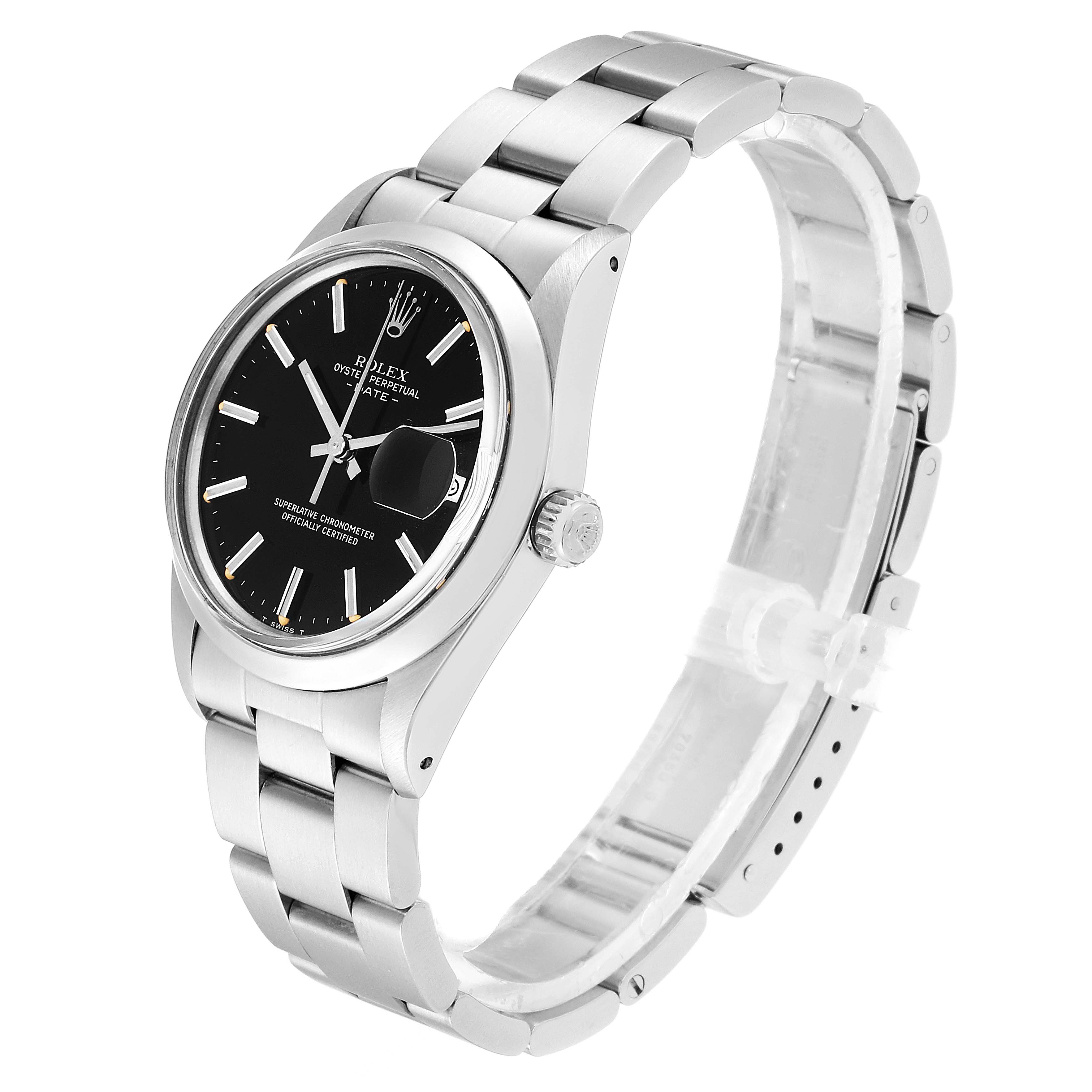 The image shows the Rolex Vintage Collection 15000 Men's Stainless Steel Black Dial 15000 Men's Stainless Steel Black Dial watch at a three-quarter front angle, highlighting the face, bezel, and bracelet.