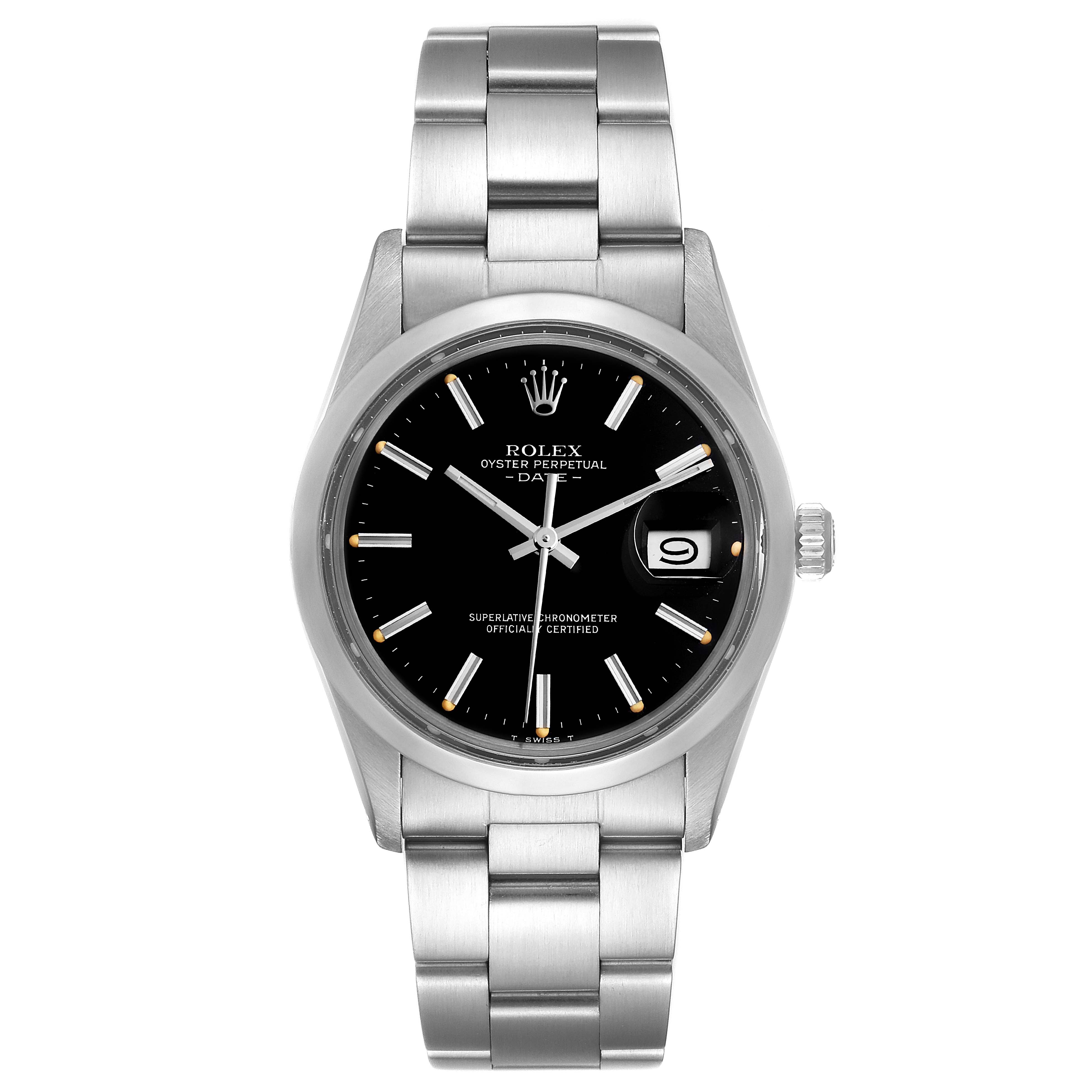 The image shows the front view of a Rolex Vintage Collection 15000 Men's Stainless Steel Black Dial 15000 Men's Stainless Steel Black Dial Oyster Perpetual Date watch, including the dial, case, and bracelet.