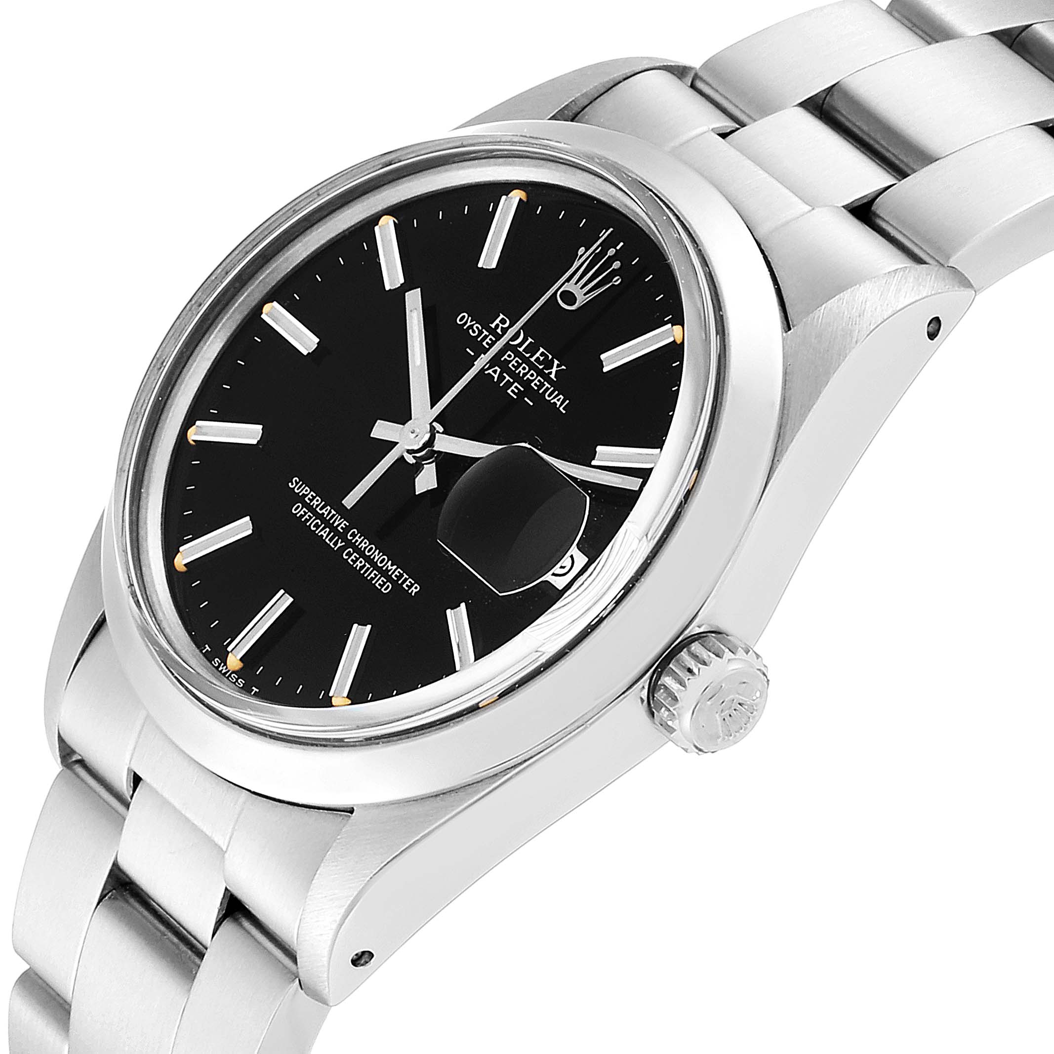The image shows a side and angled view of the Rolex Vintage Collection 15000 Men's Stainless Steel Black Dial 15000 Men's Stainless Steel Black Dial watch, showcasing its dial, crown, and part of the bracelet.