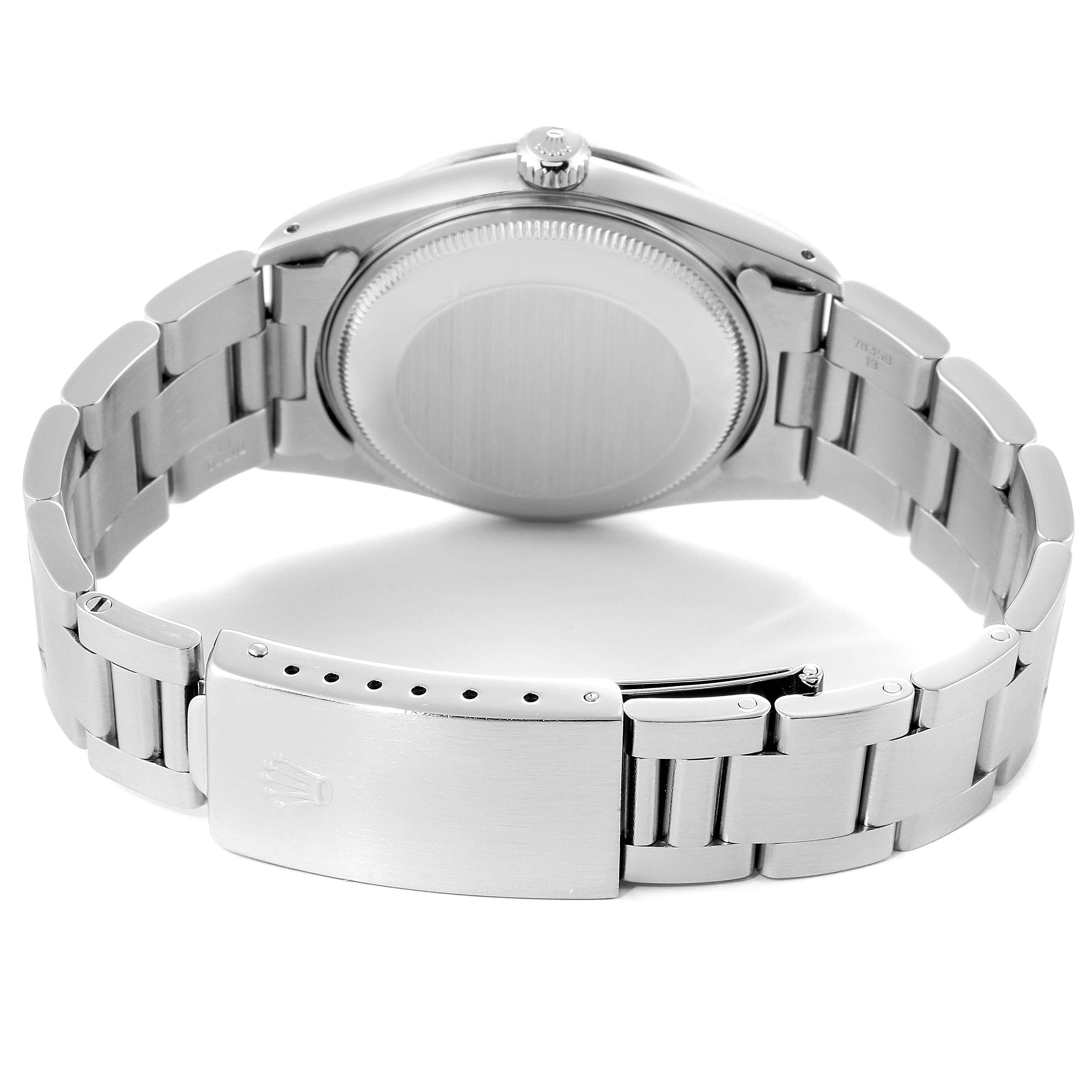 This image shows the back view of a Rolex Vintage Collection 15000 Men's Stainless Steel Black Dial 15000 Men's Stainless Steel Black Dial watch, focusing on the bracelet and clasp.