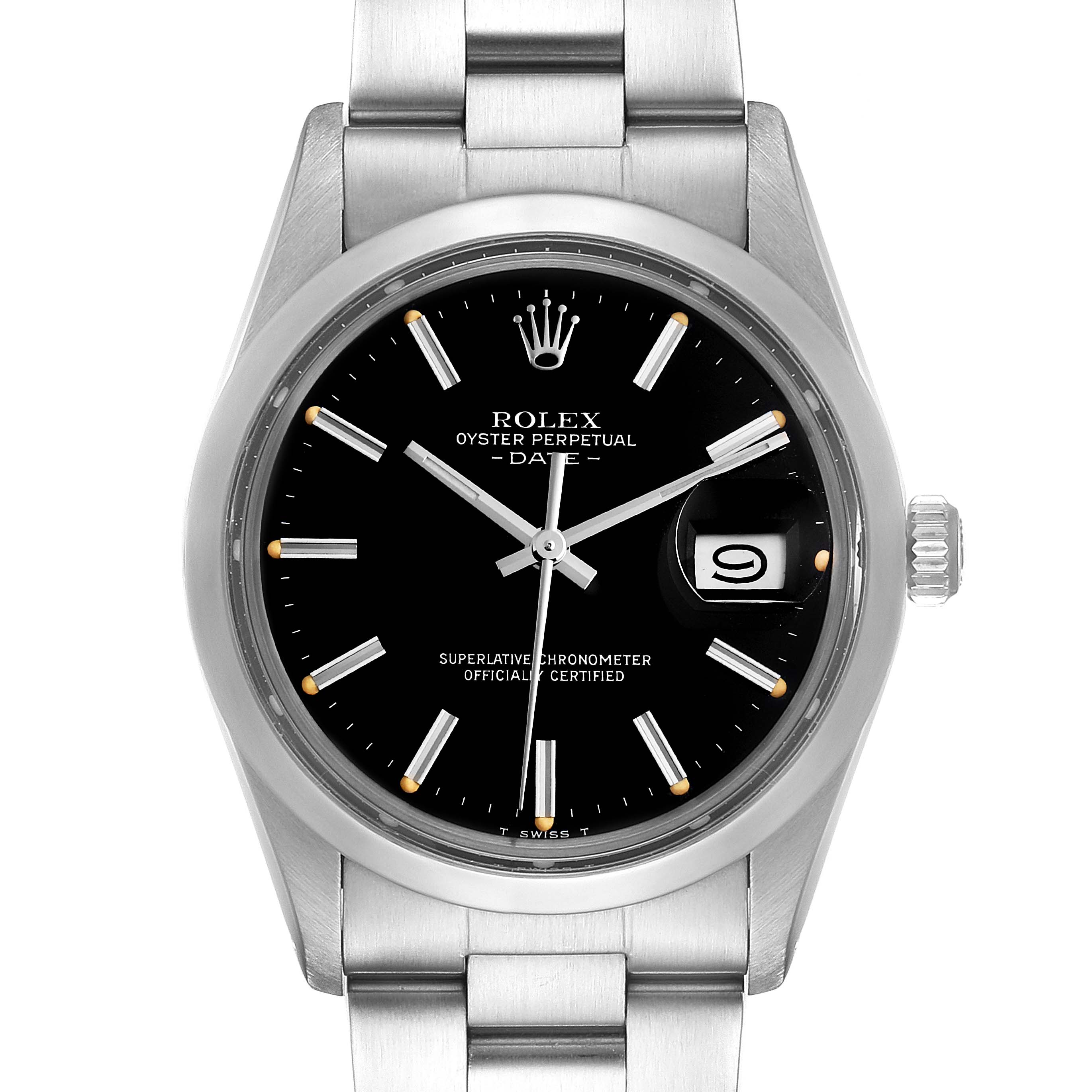 The image shows a front view of a Rolex Vintage Collection 15000 Men's Stainless Steel Black Dial 15000 Men's Stainless Steel Black Dial Oyster Perpetual Date watch, highlighting its black dial, date window, and stainless steel bracelet.