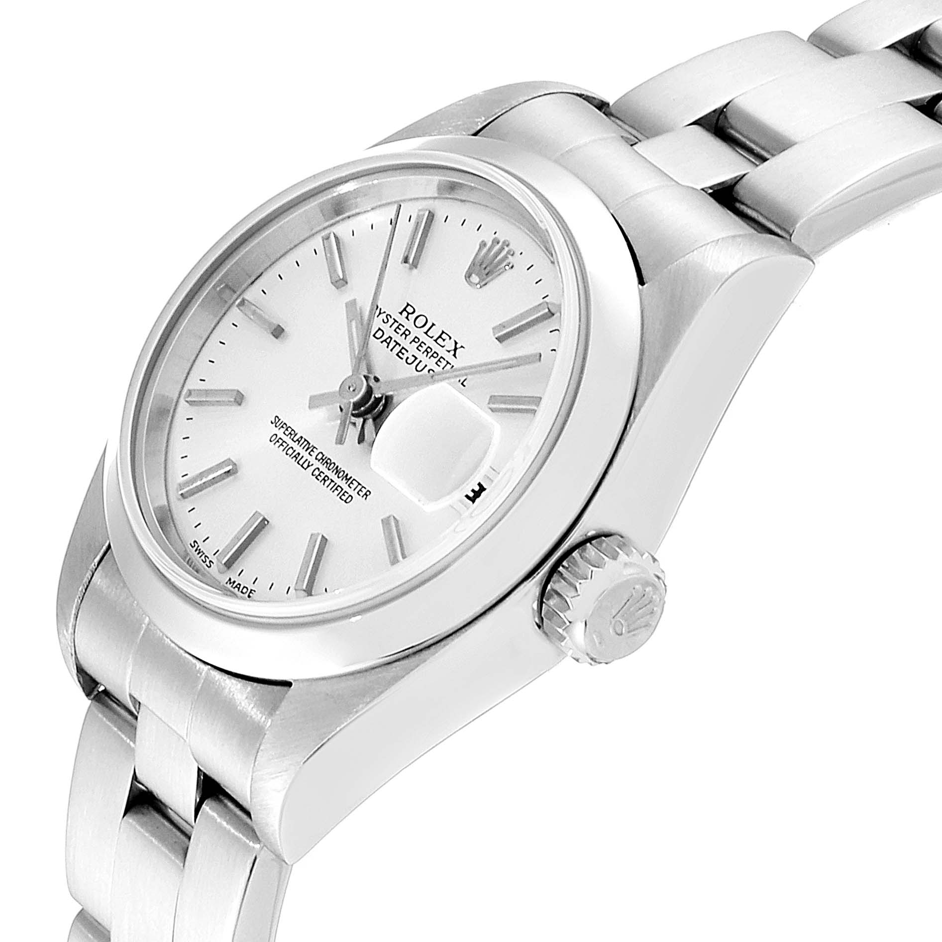 This image shows a close-up angled view of the Rolex Datejust 79160 Women's Stainless Steel Silver Dial 79160 Women's Stainless Steel Silver Dial watch, highlighting the dial, bezel, and crown.