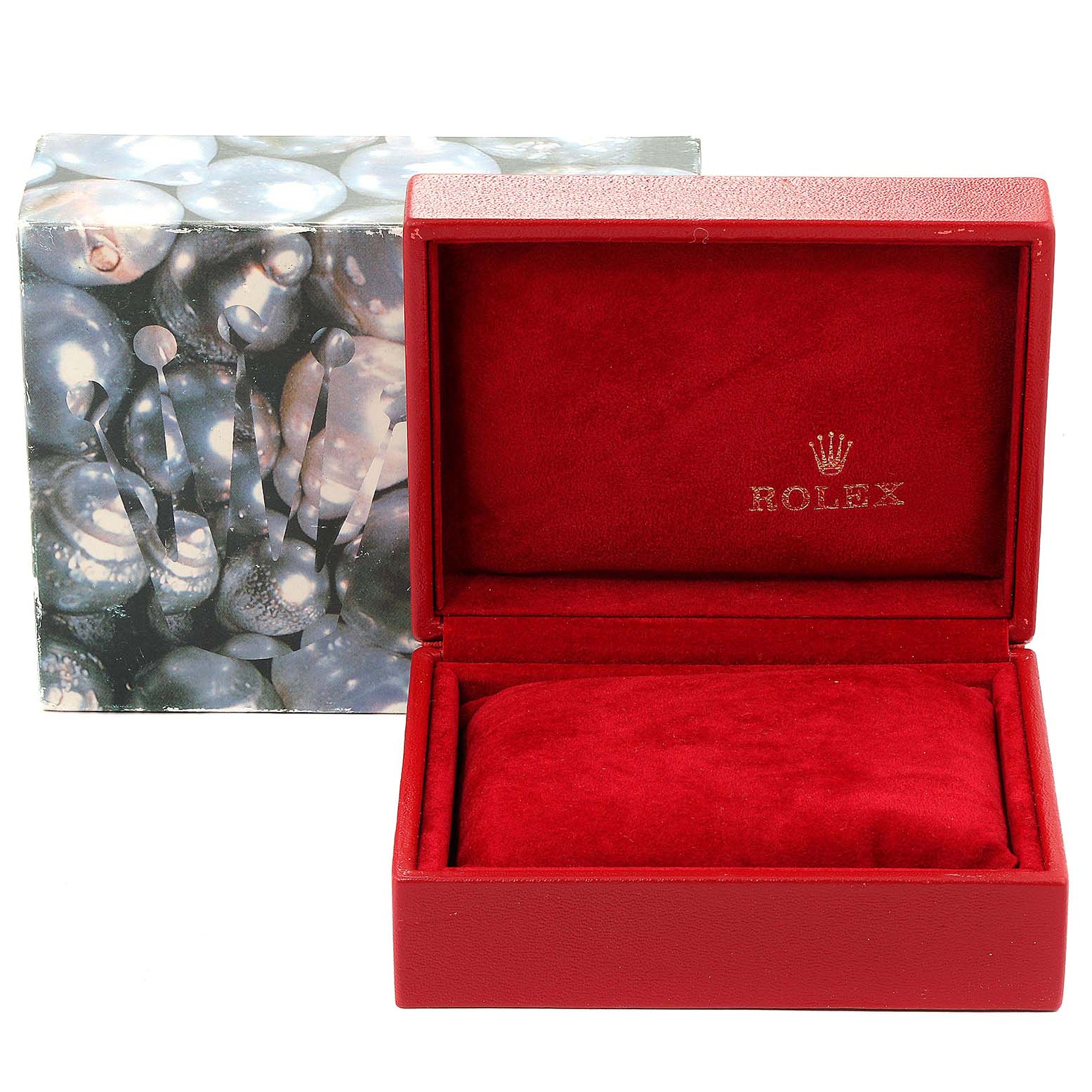 This image shows an empty Rolex Datejust 79160 Women's Stainless Steel Silver Dial 79160 Women's Stainless Steel Silver Dial watch box, including the outer box with a pearl design and a red inner box with a cushion.