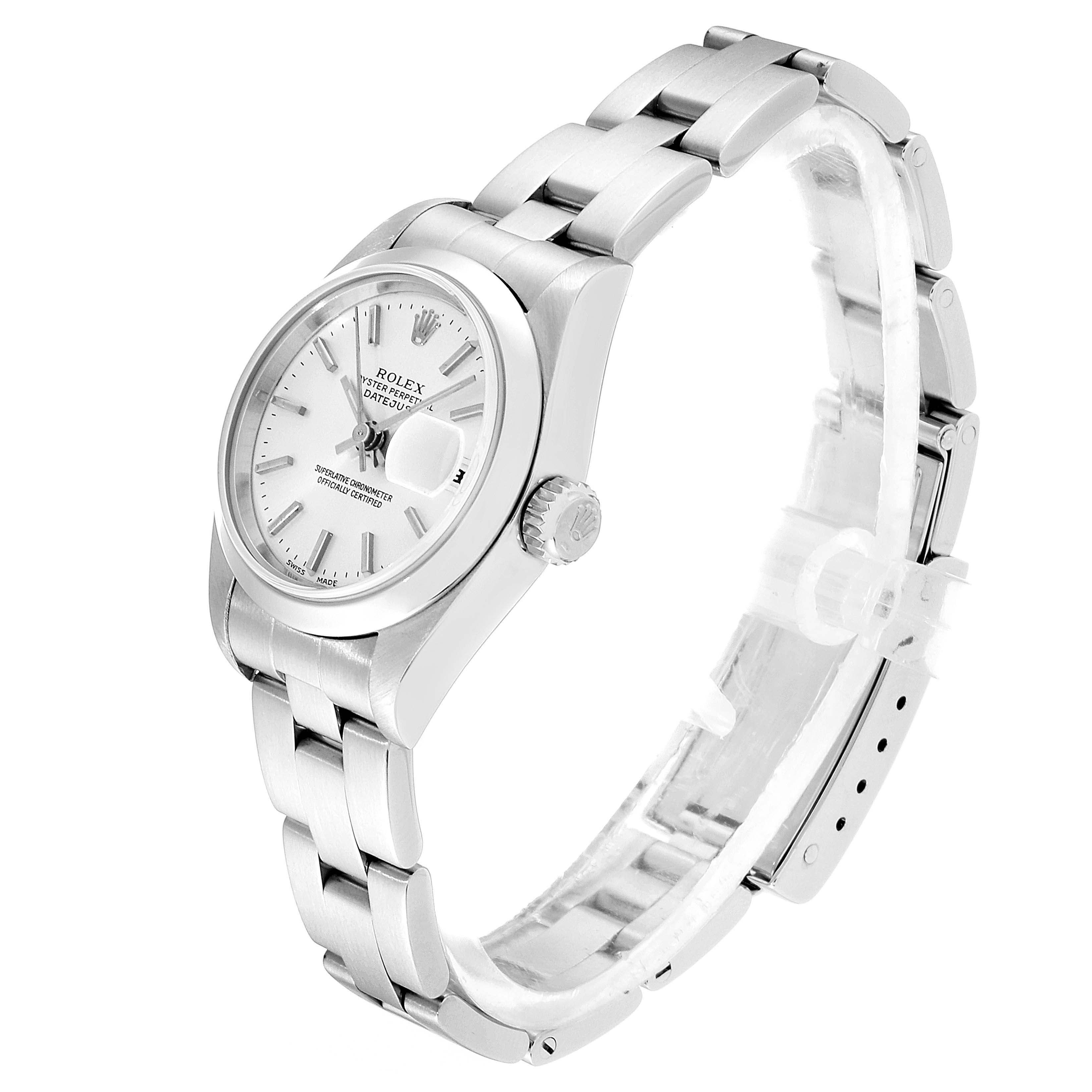 The image depicts a Rolex Datejust 79160 Women's Stainless Steel Silver Dial 79160 Women's Stainless Steel Silver Dial watch angled to show the dial, crown, and part of the bracelet.