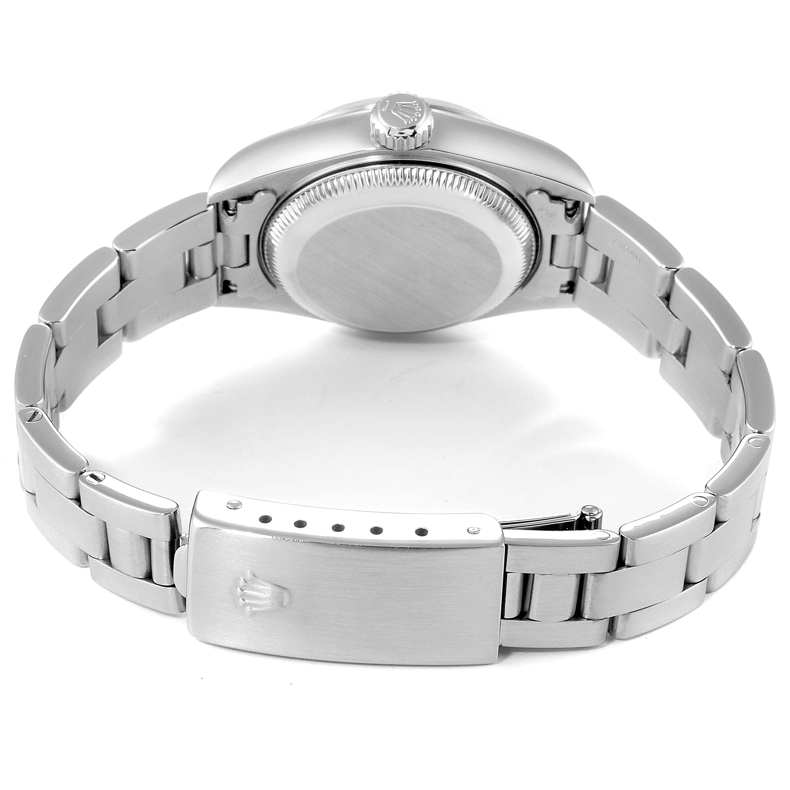 This is a rear view of the Rolex Datejust 79160 Women's Stainless Steel Silver Dial 79160 Women's Stainless Steel Silver Dial model, showing the case back, crown, and bracelet with the clasp.