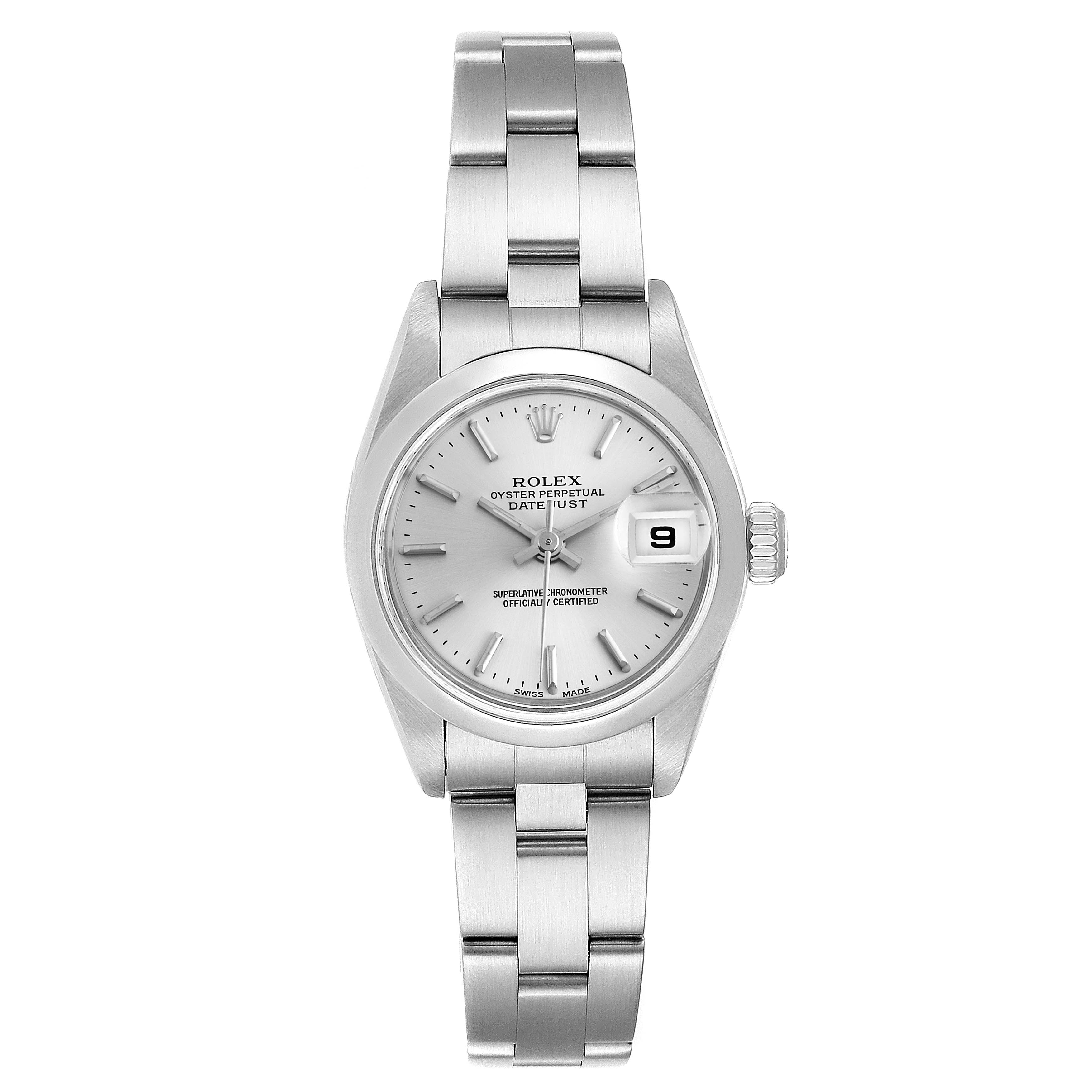This Rolex Datejust 79160 Women's Stainless Steel Silver Dial 79160 Women's Stainless Steel Silver Dial watch is shown from a front view, displaying the dial, bracelet, and date window.