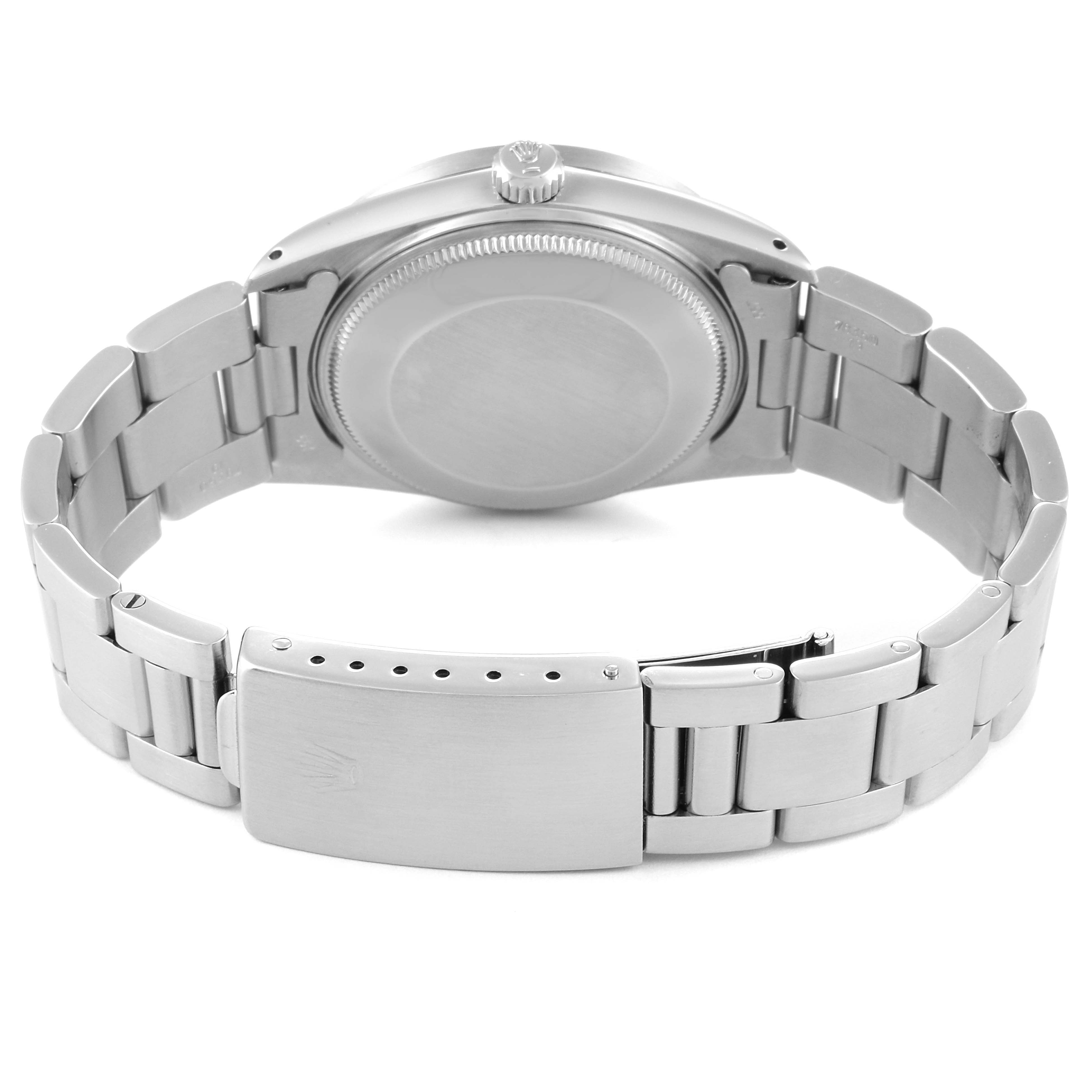 The image shows the back view of the Rolex Vintage Collection 15010 Men's Stainless Steel Silver Dial 15010 Men's Stainless Steel Silver Dial watch, featuring its case back and metal bracelet with clasp.