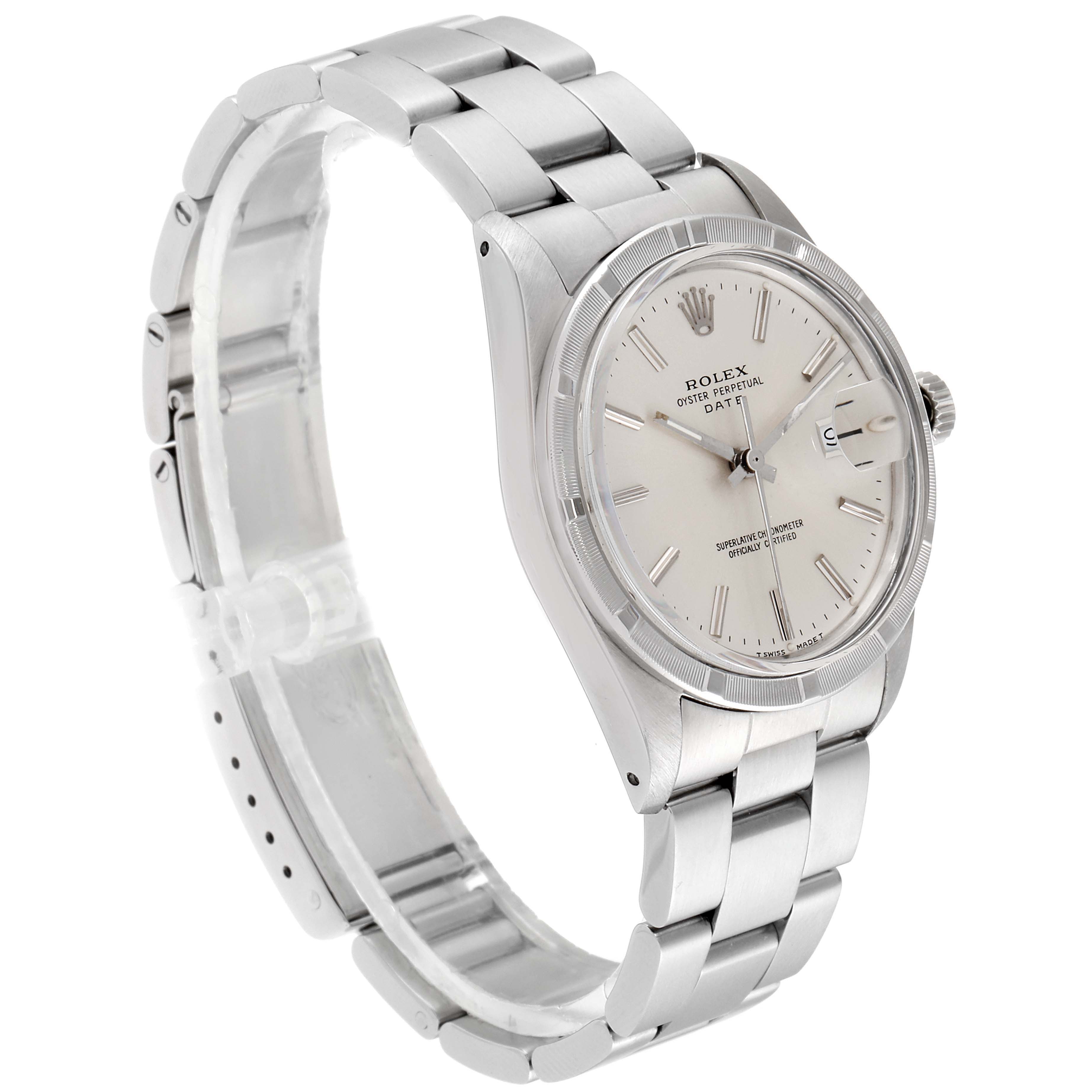 The image shows a side angle of a Rolex Vintage Collection 15010 Men's Stainless Steel Silver Dial 15010 Men's Stainless Steel Silver Dial watch, highlighting its face, bezel, and bracelet.