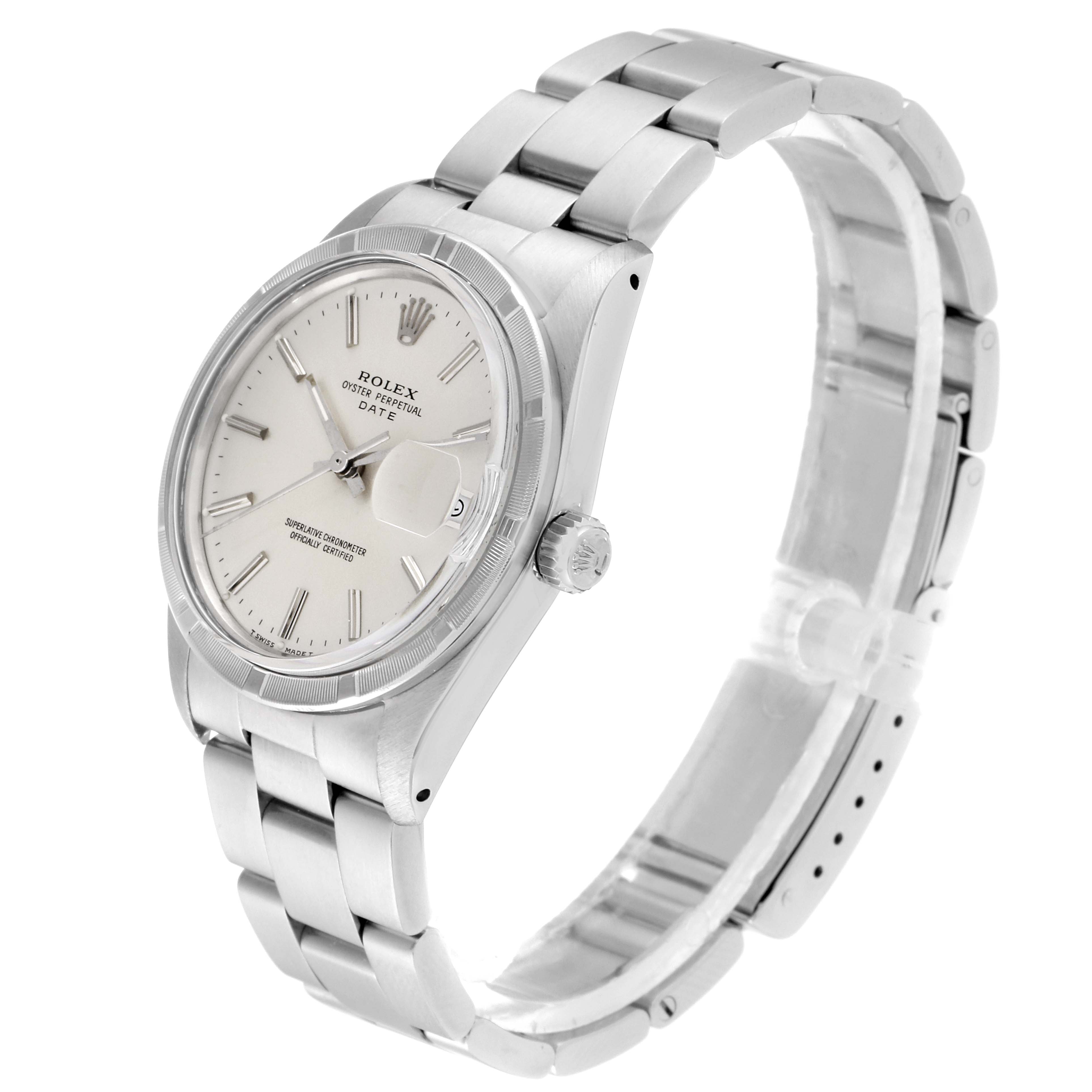 The image shows a side-angle view of a Rolex Vintage Collection 15010 Men's Stainless Steel Silver Dial 15010 Men's Stainless Steel Silver Dial watch, highlighting the dial, bezel, and bracelet.