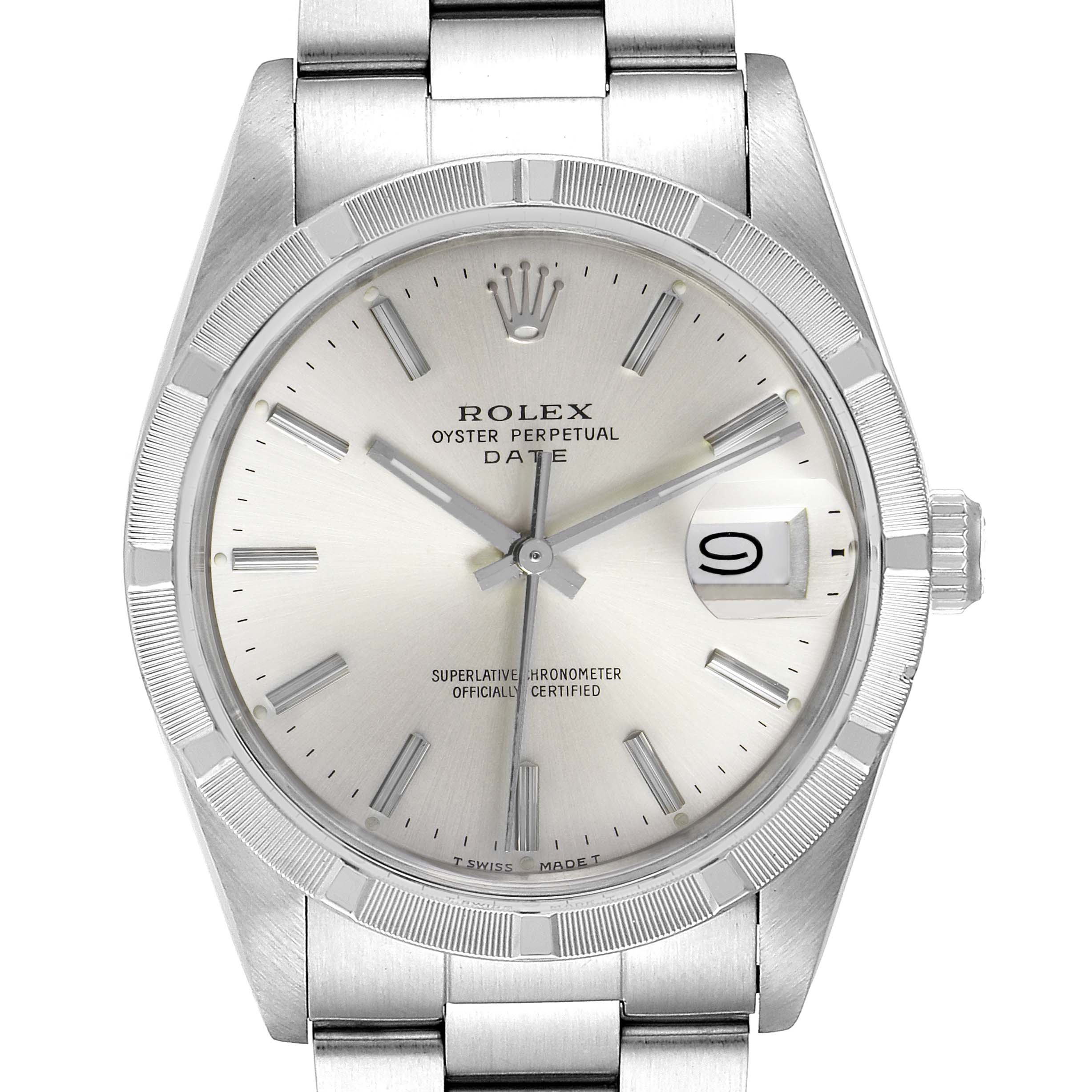 The image shows a front view of a Rolex Vintage Collection 15010 Men's Stainless Steel Silver Dial 15010 Men's Stainless Steel Silver Dial Oyster Perpetual Date watch, highlighting the dial, bezel, and bracelet.