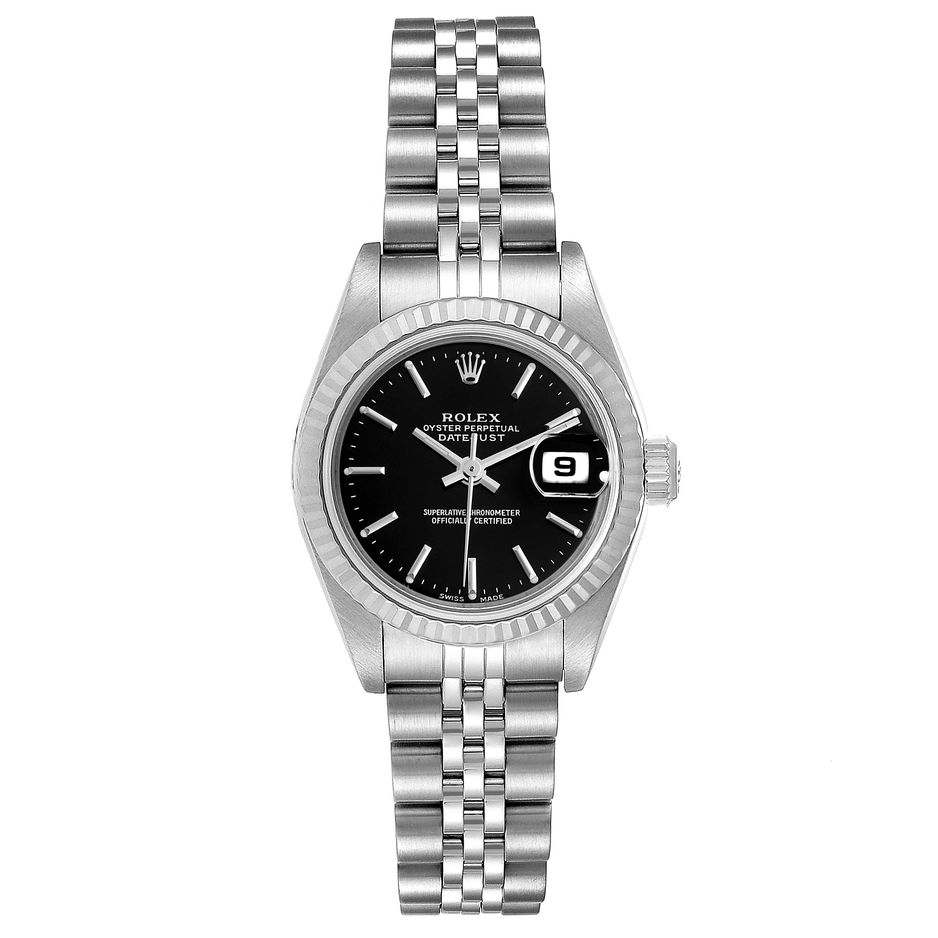 This image shows the front view of a Rolex Datejust 79174 Women's Stainless Steel Black Dial 79174 Women's Stainless Steel Black Dial watch, highlighting its black dial, fluted bezel, and Jubilee bracelet.