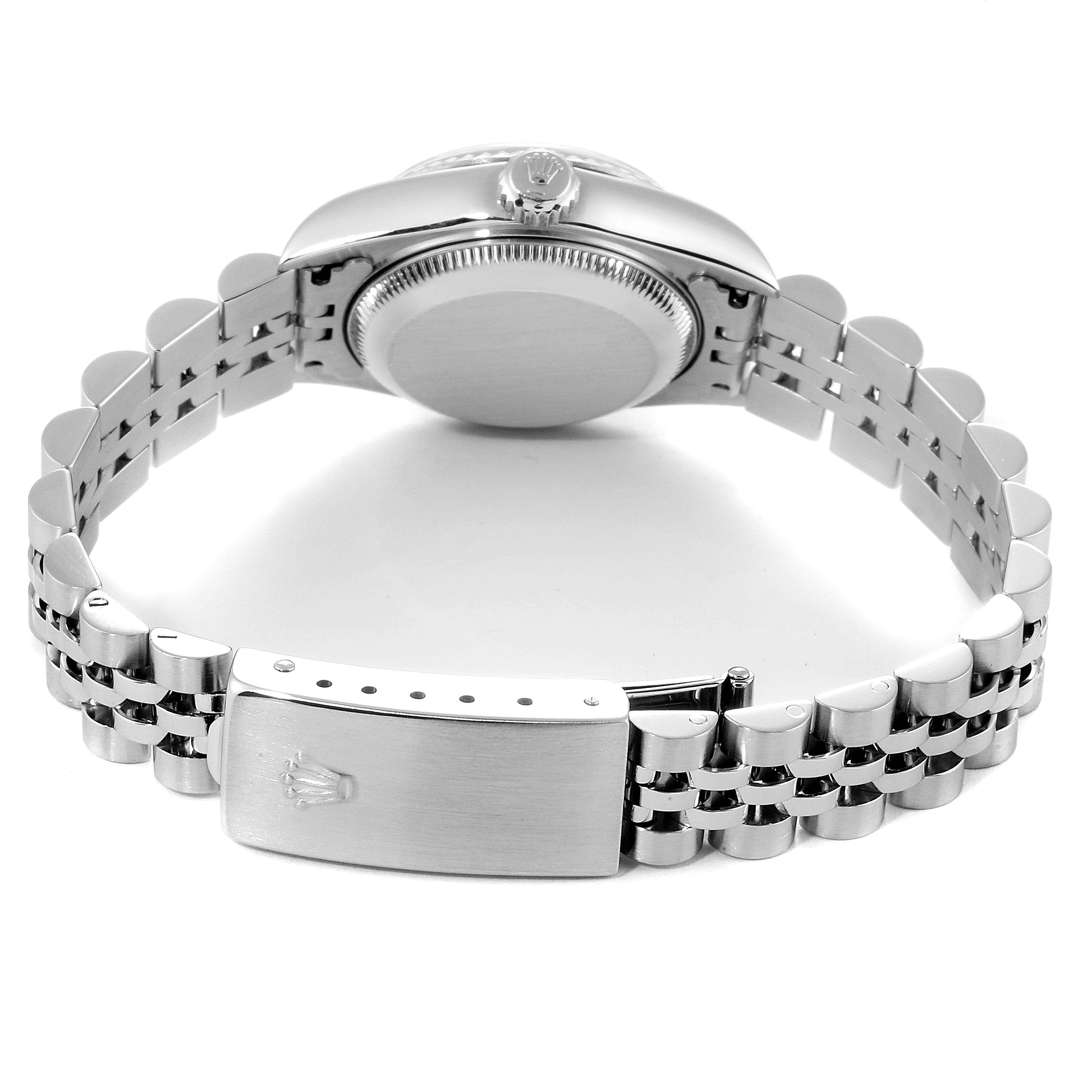 The image shows the back of a Rolex Datejust 79174 Women's Stainless Steel Black Dial 79174 Women's Stainless Steel Black Dial watch, highlighting the bracelet and clasp from a rear angle.