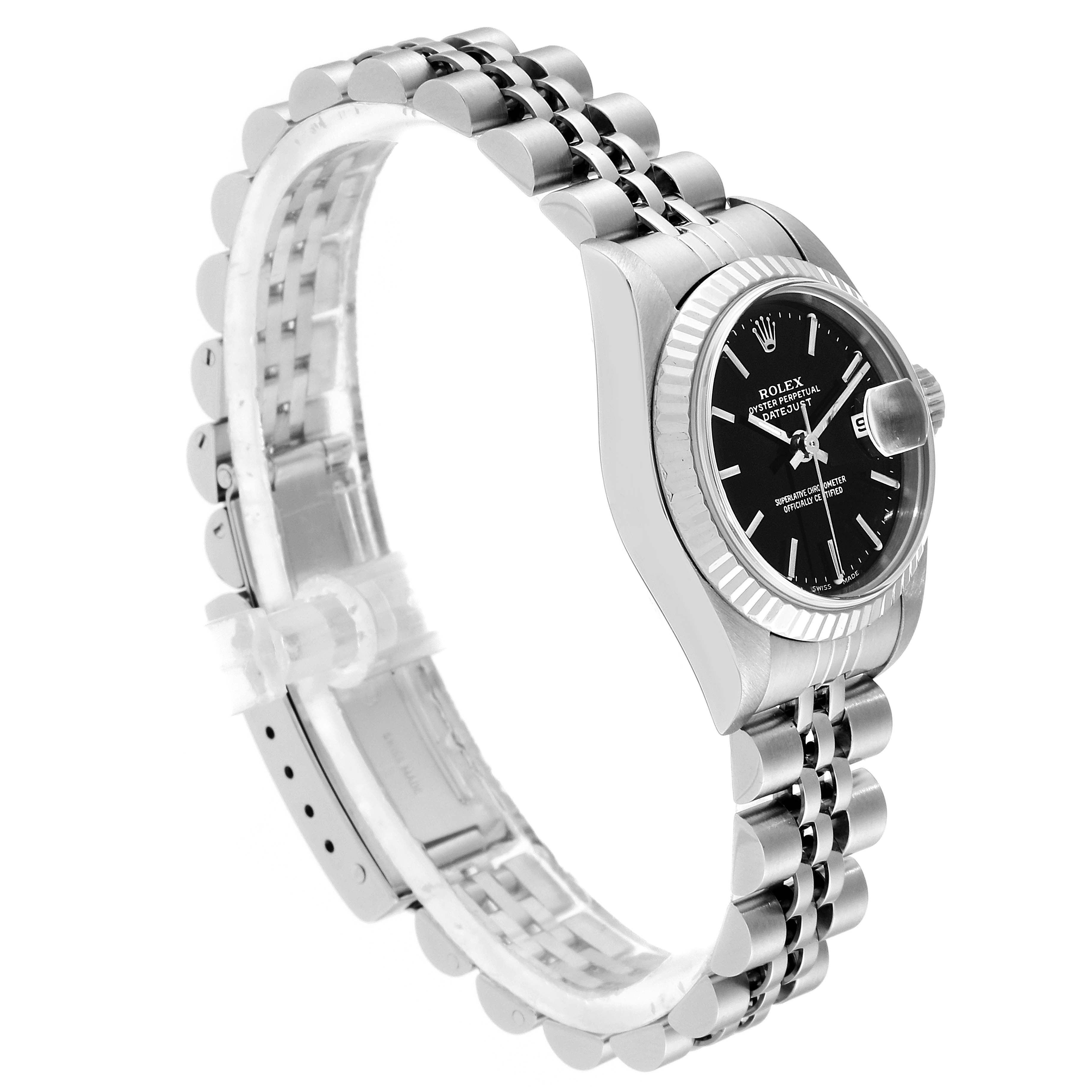 The Rolex Datejust 79174 Women's Stainless Steel Black Dial 79174 Women's Stainless Steel Black Dial watch is shown at a three-quarter angle, featuring its bracelet and side profile with a clear view of the dial.