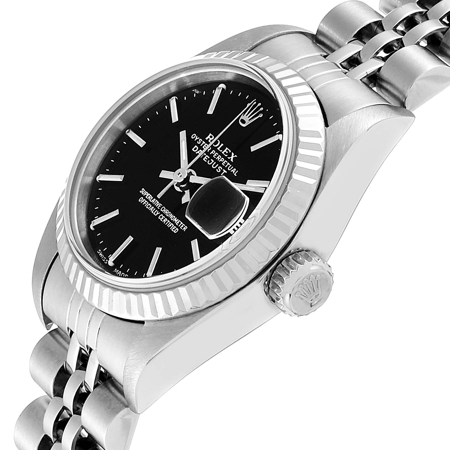 The image shows a side angle of a Rolex Datejust 79174 Women's Stainless Steel Black Dial 79174 Women's Stainless Steel Black Dial watch featuring its bezel, crown, and part of the bracelet.