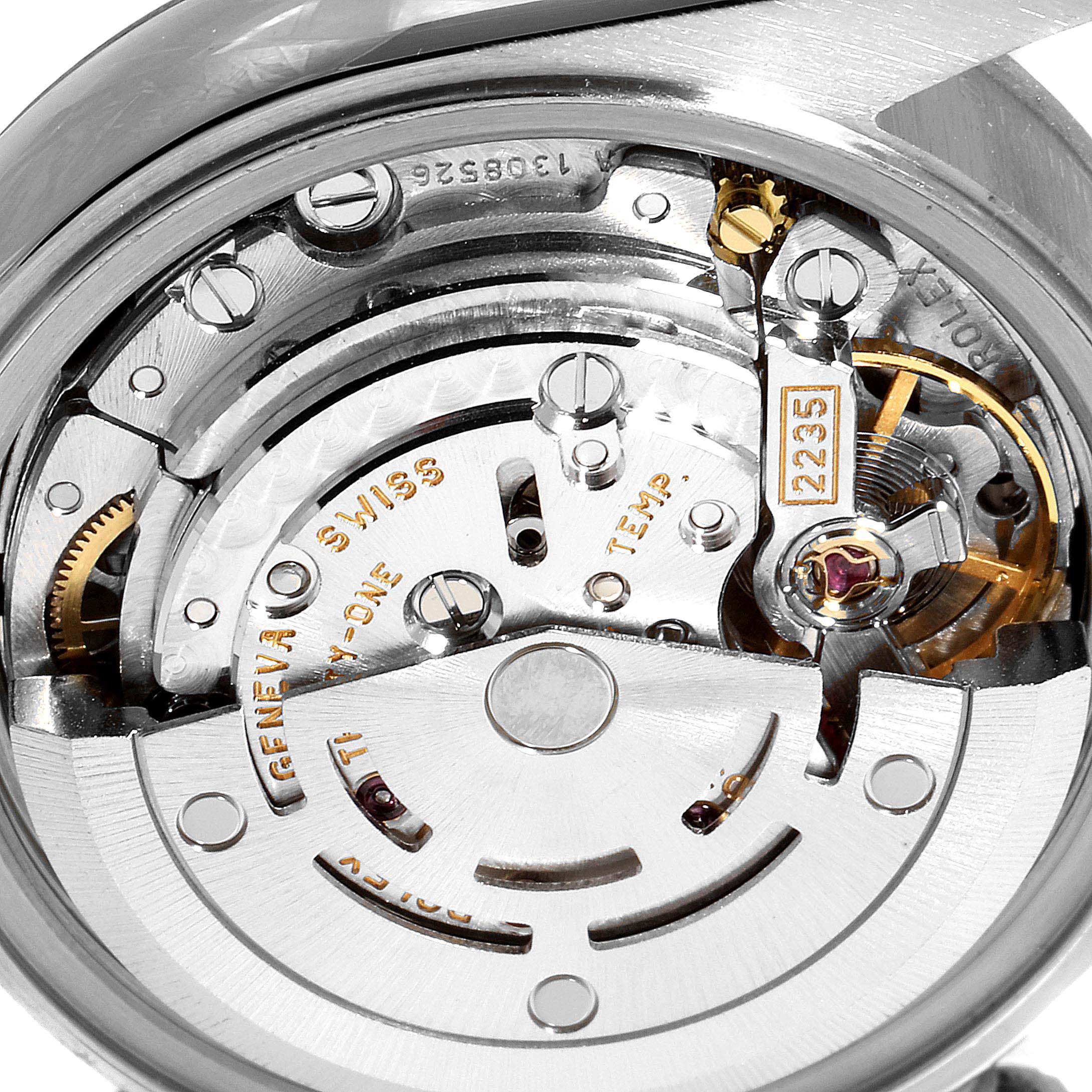 The image shows the detailed view of the movement mechanism of the Rolex Datejust 79174 Women's Stainless Steel Black Dial 79174 Women's Stainless Steel Black Dial watch.