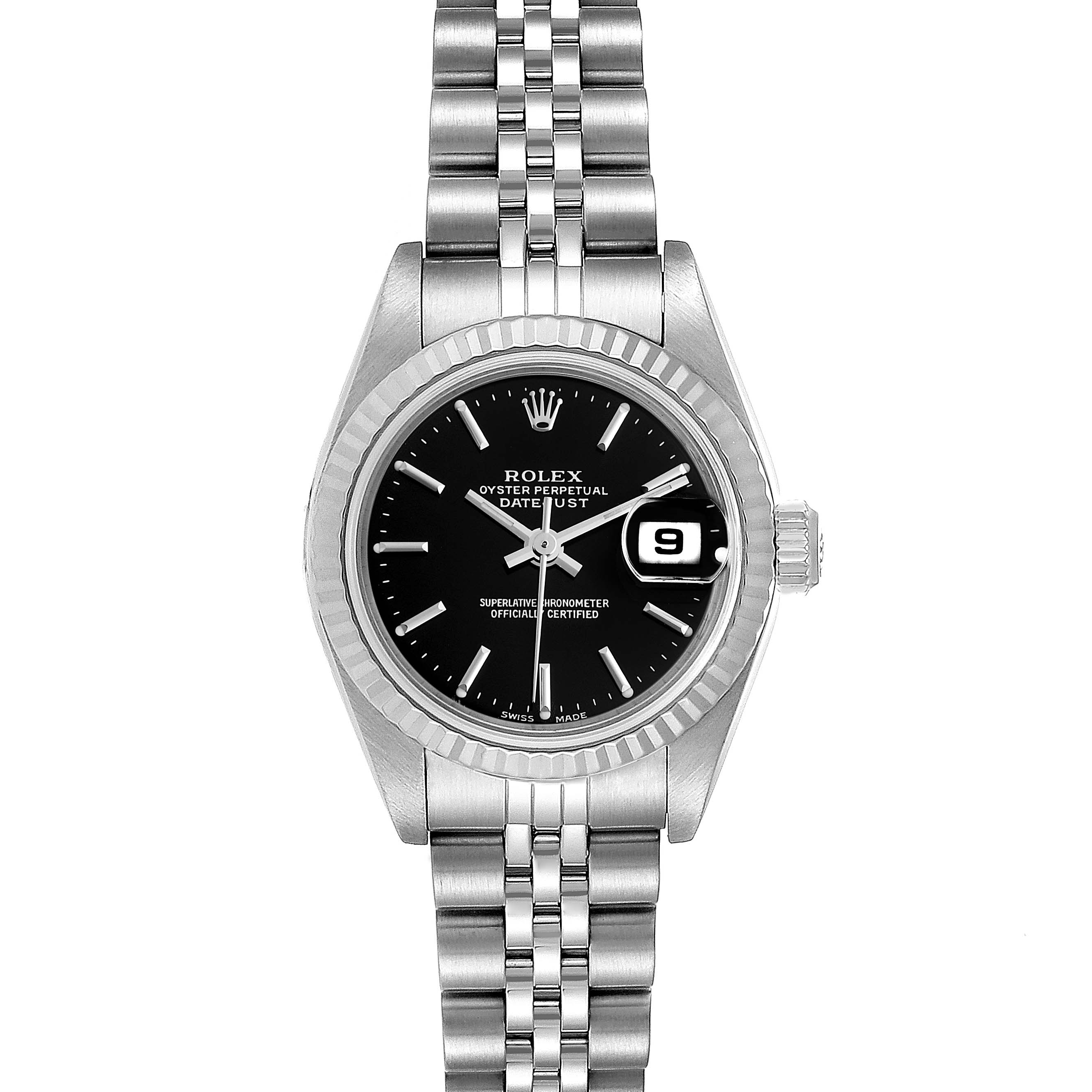 This image shows a front view of a Rolex Datejust 79174 Women's Stainless Steel Black Dial 79174 Women's Stainless Steel Black Dial watch, displaying the dial, bezel, and bracelet.