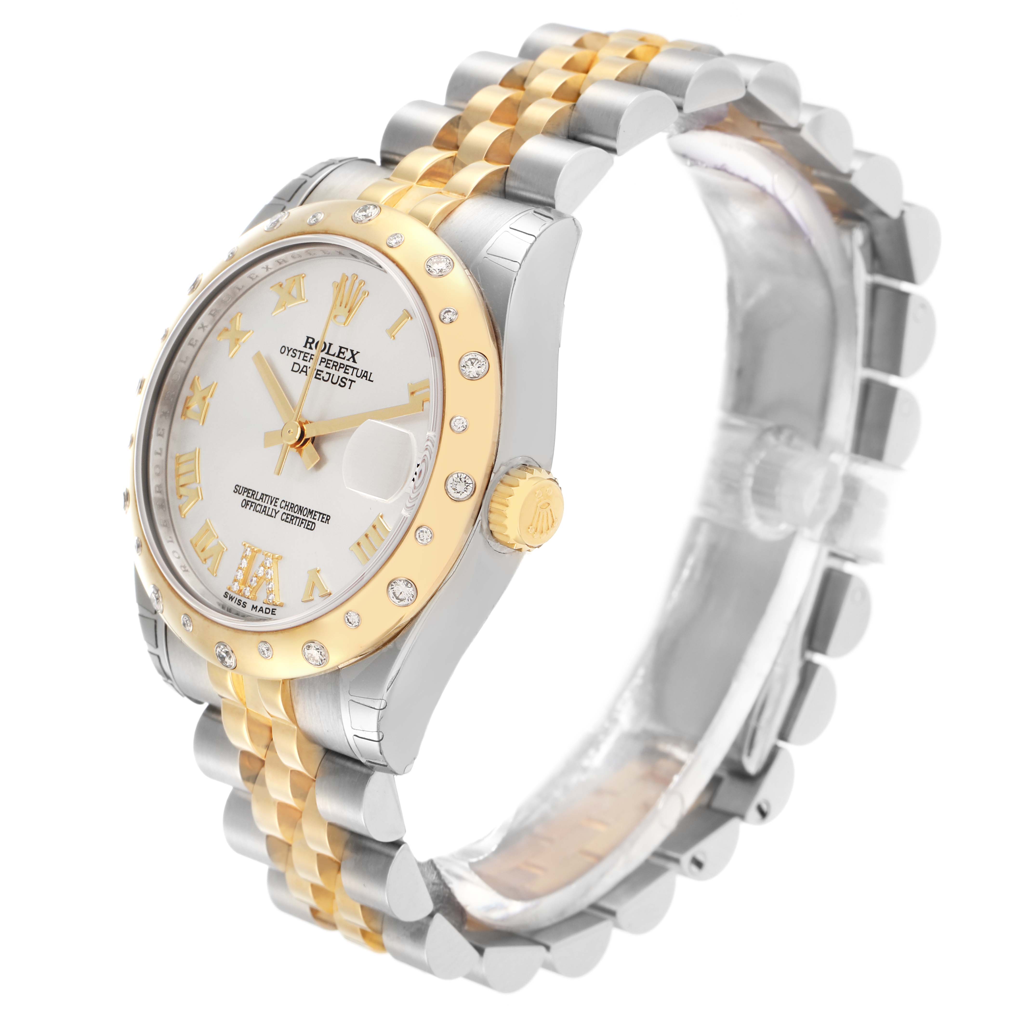 The Rolex Datejust 178343 Men's Steel and Gold (two tone) Silver Dial watch is shown at a side angle, displaying the case, bezel, crown, and part of the bracelet.