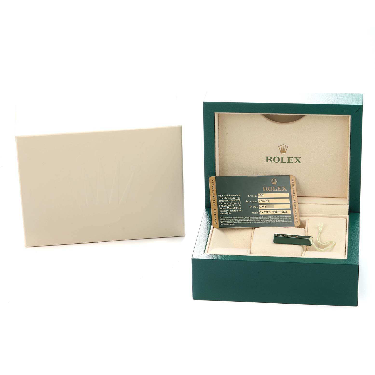 The image shows a Rolex Datejust 178343 Men's Steel and Gold (two tone) Silver Dial watch box open, displaying a warranty card and tag, with the outer box beside it.