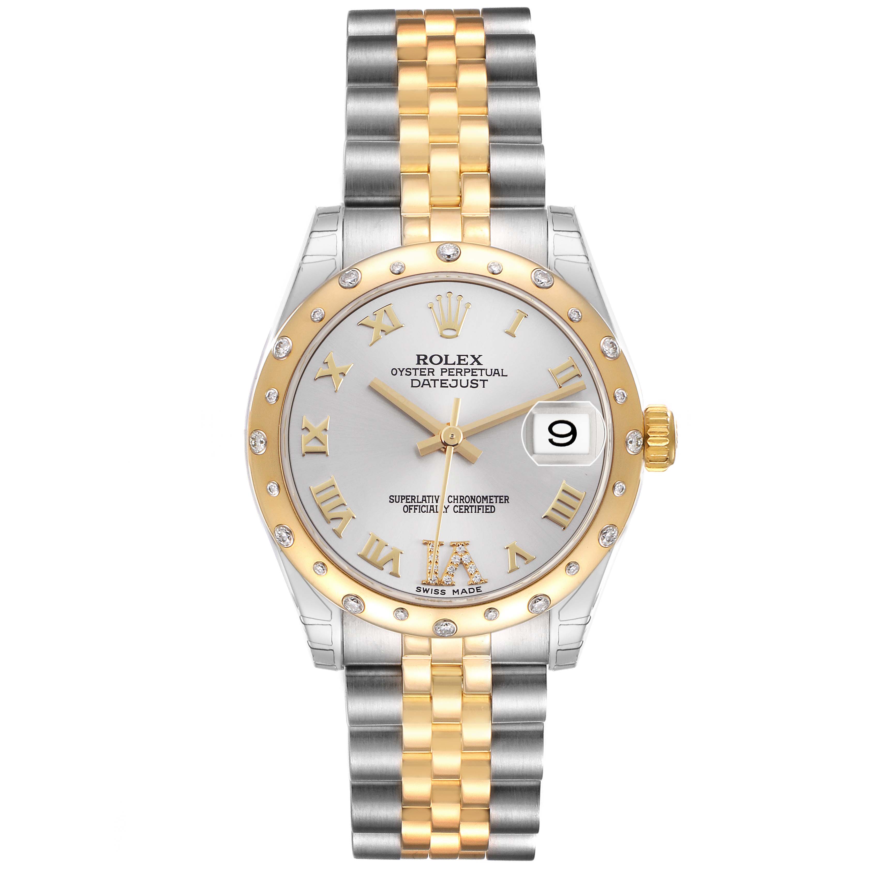 The Rolex Datejust 178343 Men's Steel and Gold (two tone) Silver Dial watch is shown from a frontal angle, highlighting its face, bezel, and bracelet.
