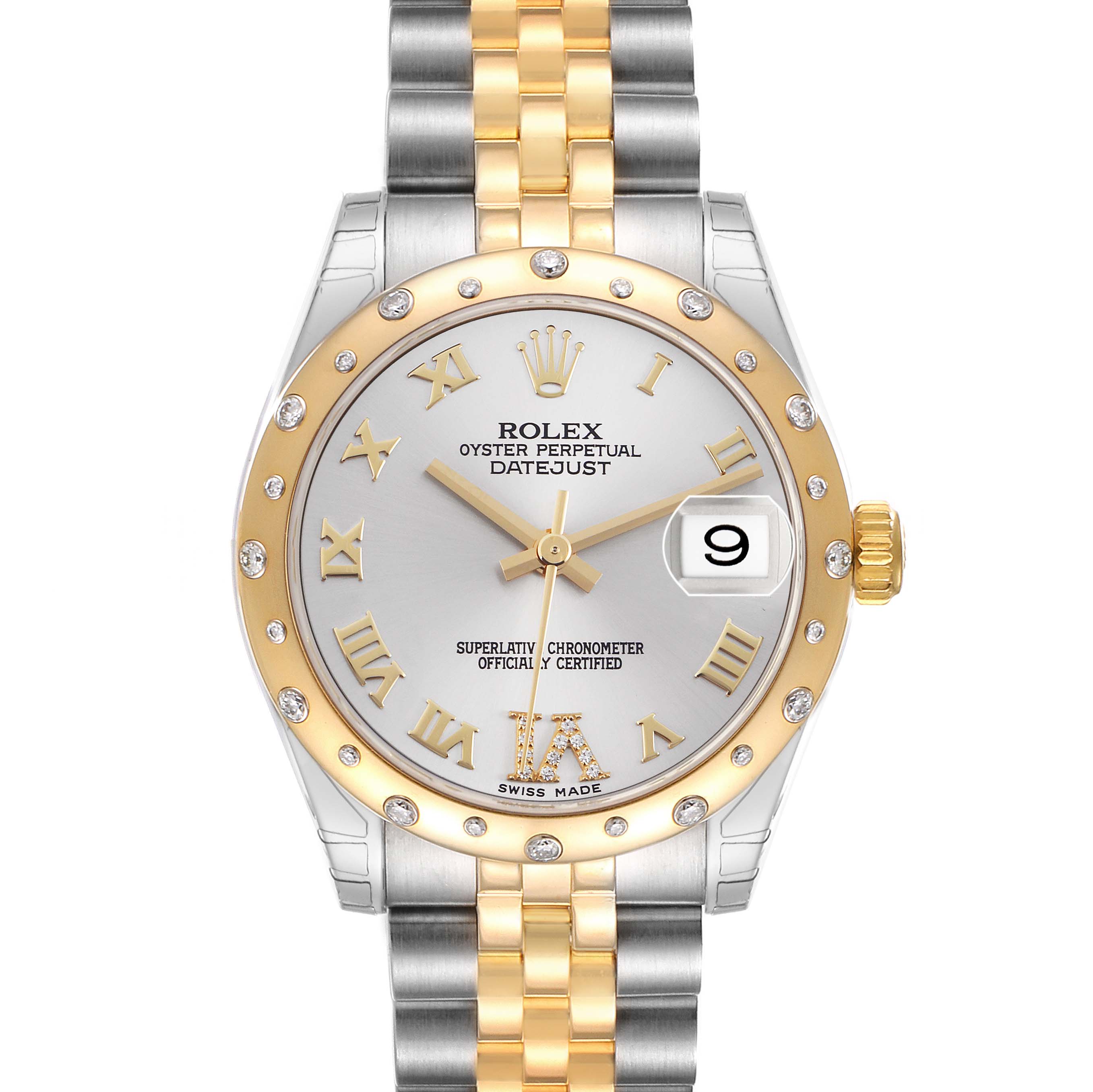 The image shows a frontal view of a Rolex Datejust 178343 Men's Steel and Gold (two tone) Silver Dial watch, highlighting its dial, bezel, and bracelet.