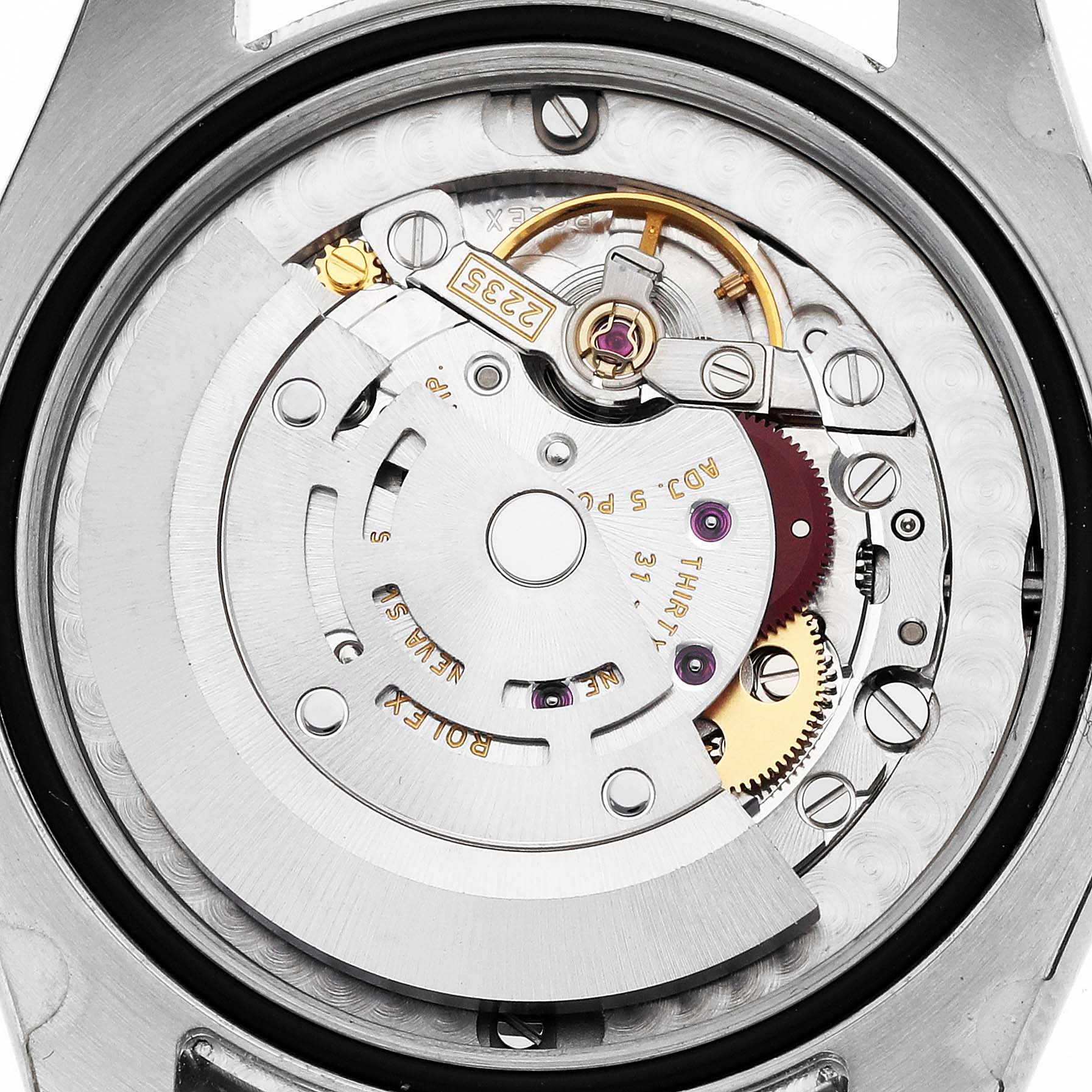 The image shows the movement of a Rolex Datejust 178343 Men's Steel and Gold (two tone) Silver Dial, focusing on its intricate mechanical components from the back angle.