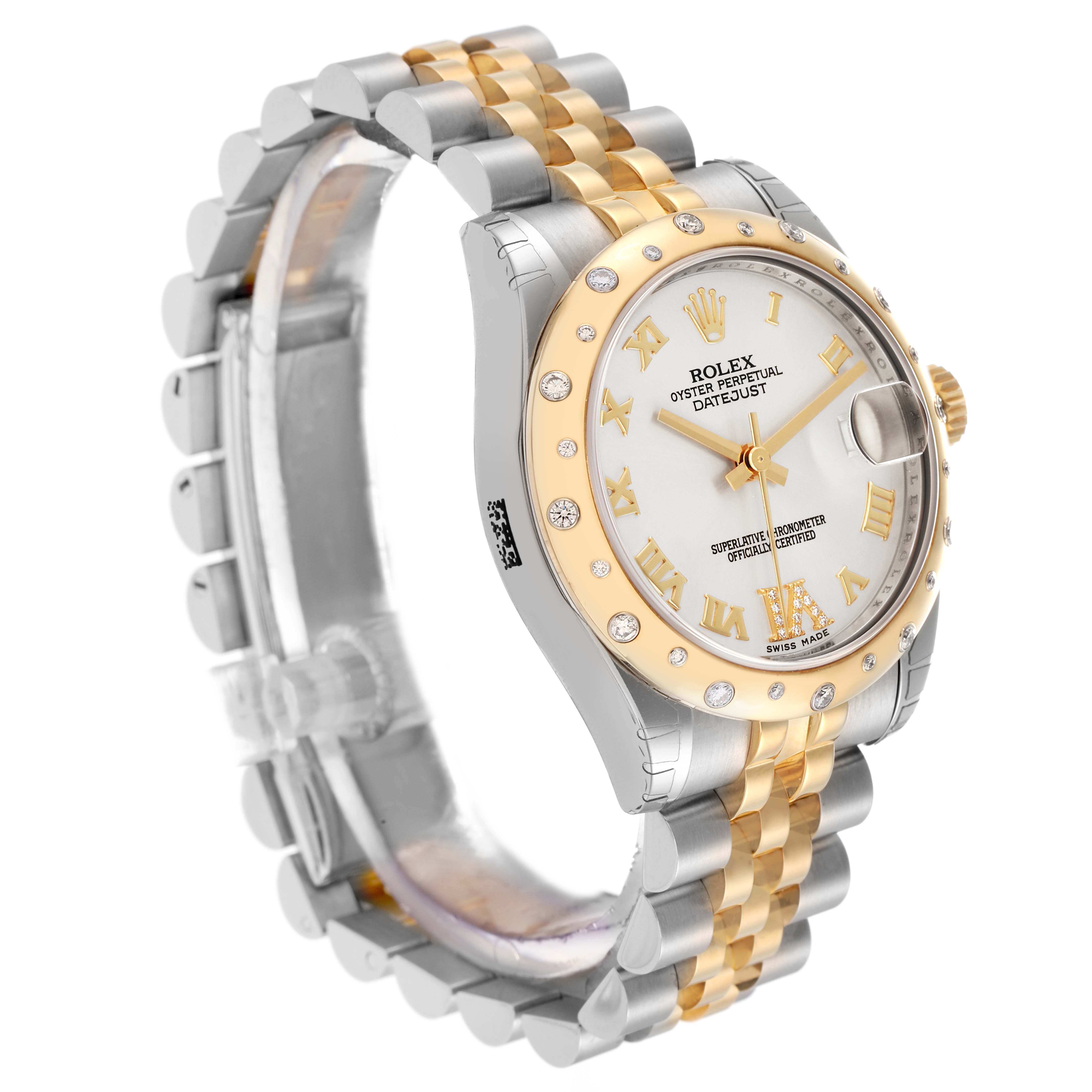 The Rolex Datejust 178343 Men's Steel and Gold (two tone) Silver Dial watch is shown at a three-quarter angle, highlighting the dual-tone bracelet, bezel, and dial details.