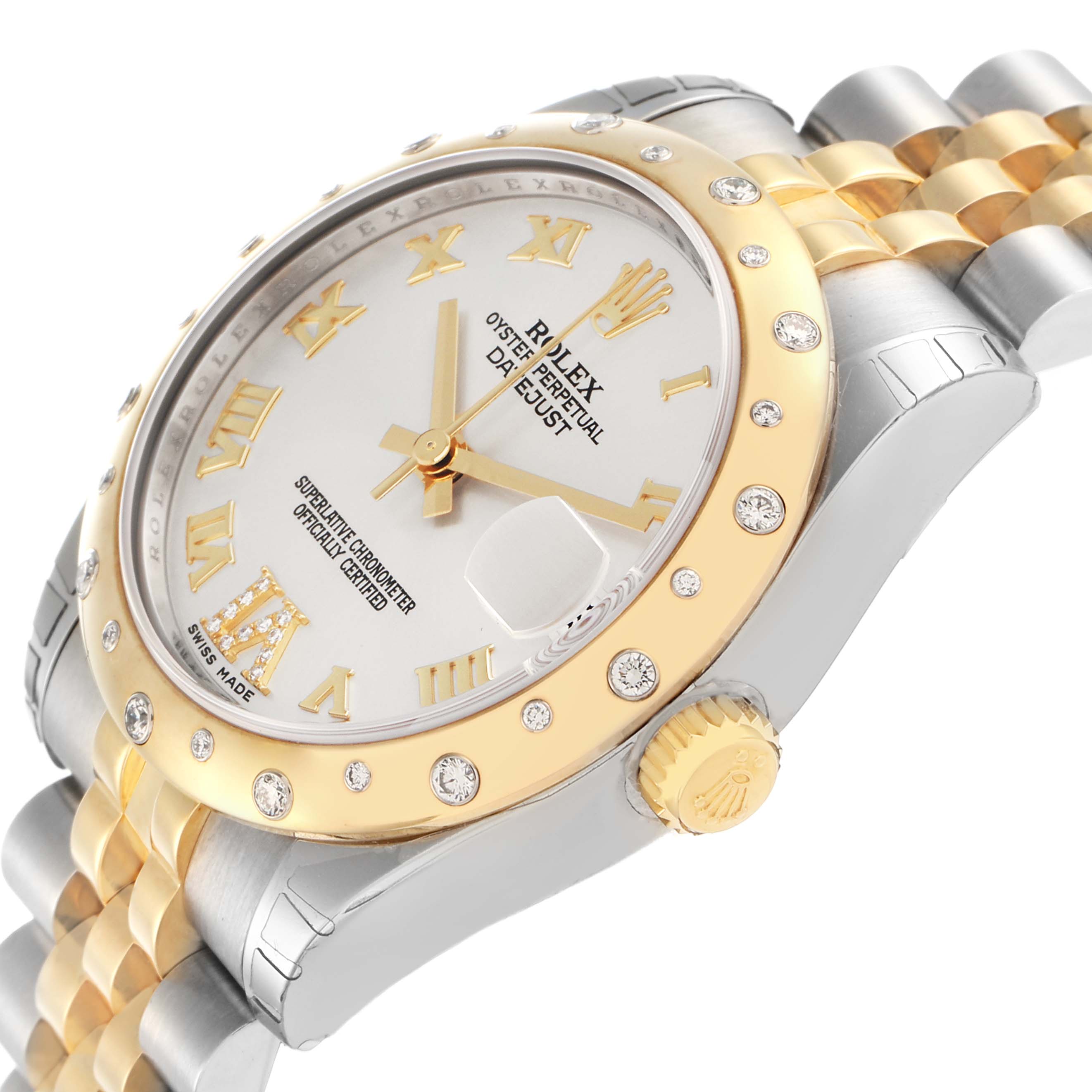 The Rolex Datejust 178343 Men's Steel and Gold (two tone) Silver Dial watch is shown at an angle showcasing its gold and silver bracelet, diamond-studded bezel, and side crown.