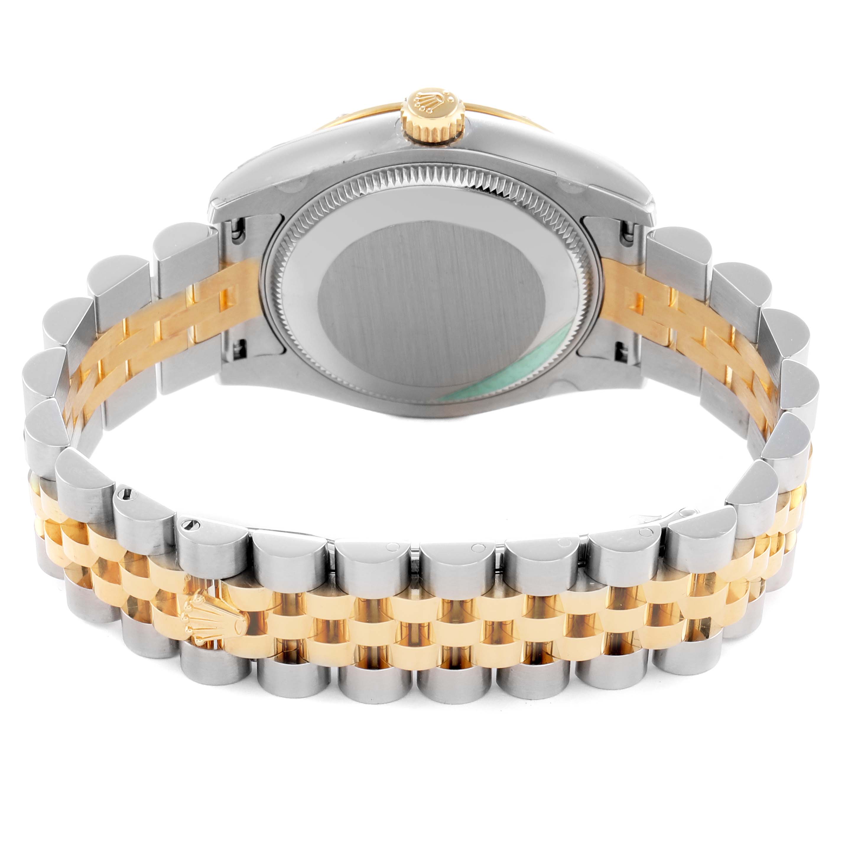 The Rolex Datejust 178343 Men's Steel and Gold (two tone) Silver Dial watch is shown from the back, highlighting the case back, crown, and Jubilee bracelet.