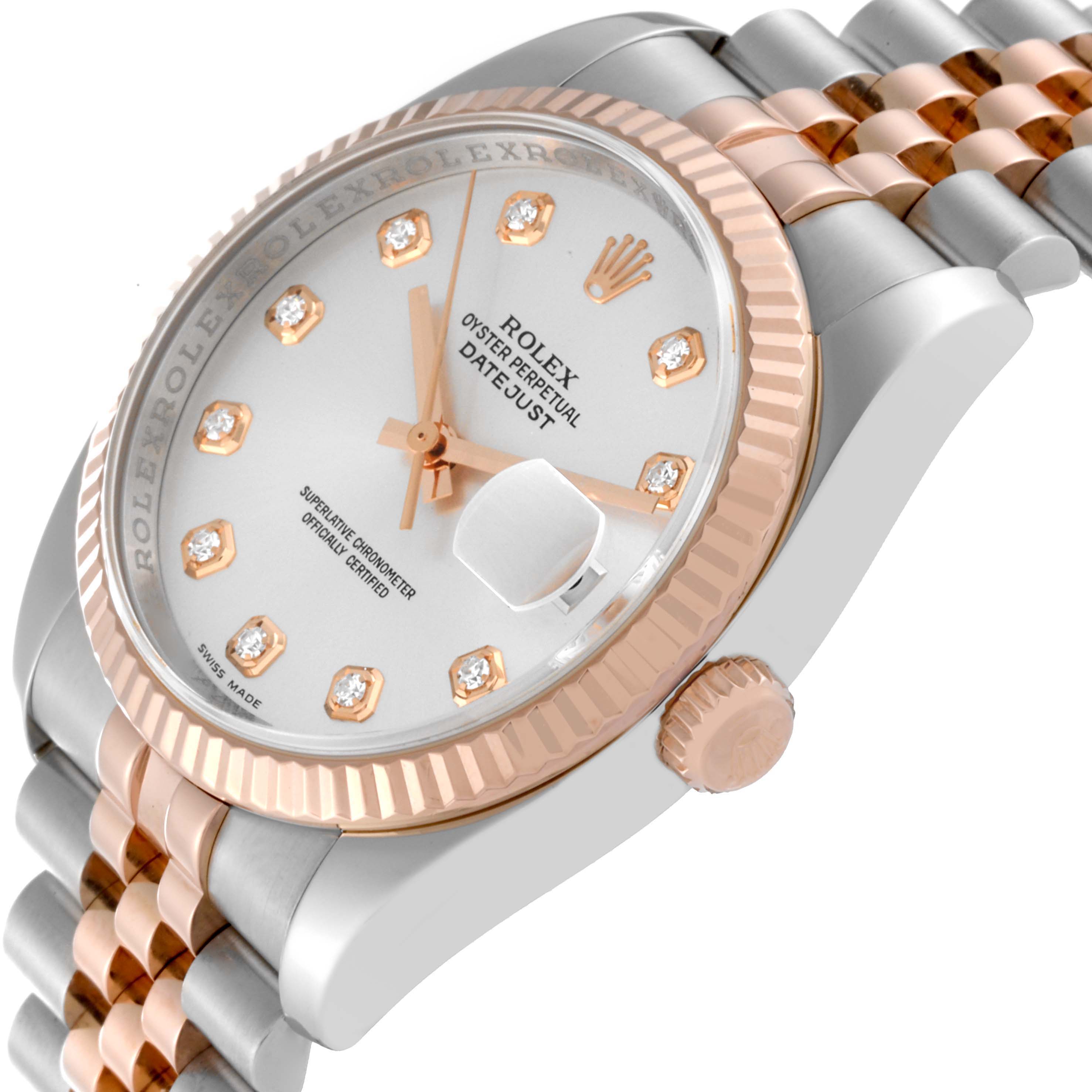 This image shows a Rolex Datejust 116231 Men's Steel and Gold (two tone) Silver Dial 116231 Men's Steel and Gold (two tone) Silver Dial watch at a three-quarter angle, highlighting the dial, crown, and part of the bracelet.