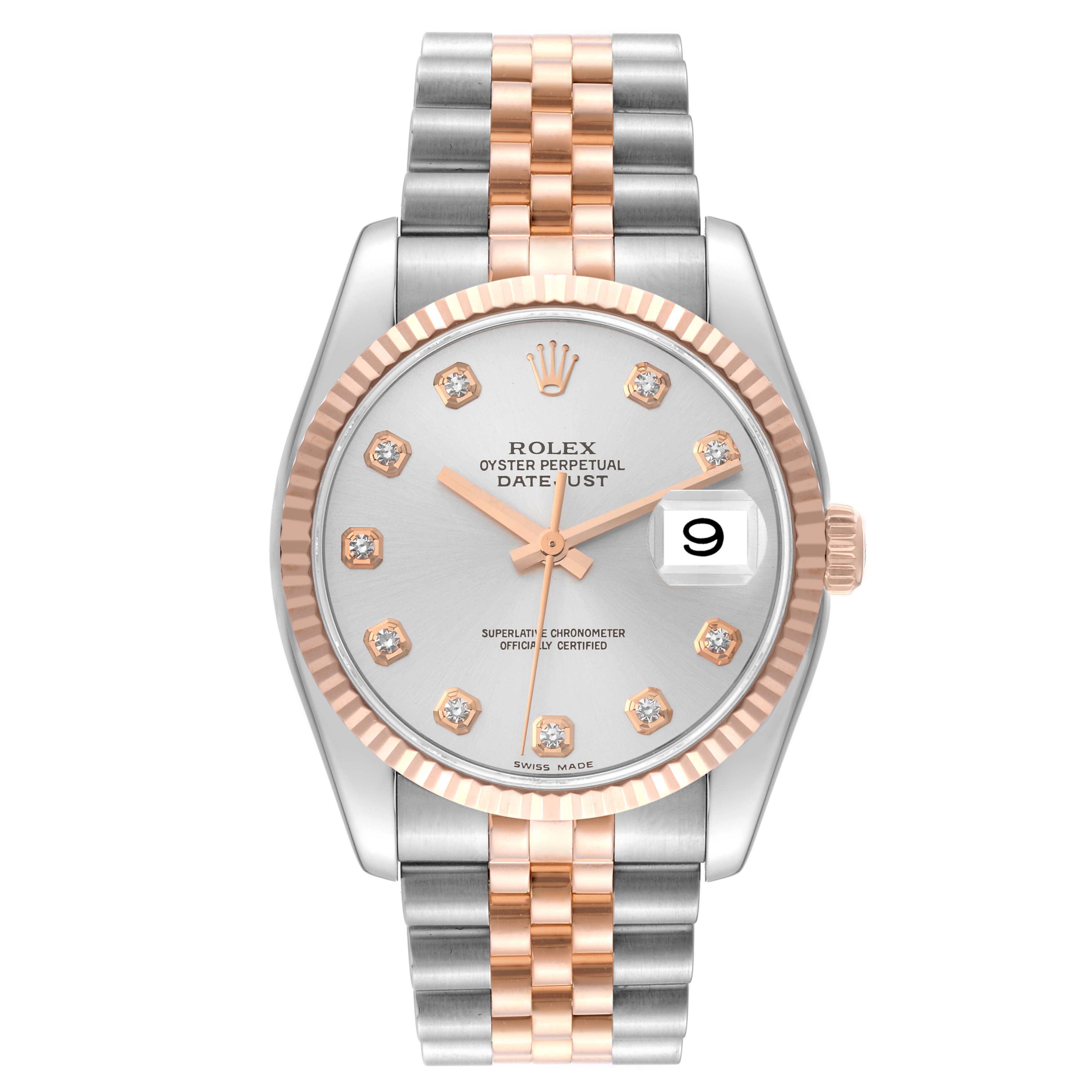 This is a front view of the Rolex Datejust 116231 Men's Steel and Gold (two tone) Silver Dial 116231 Men's Steel and Gold (two tone) Silver Dial watch, showing the dial, bezel, crown, and Jubilee bracelet.