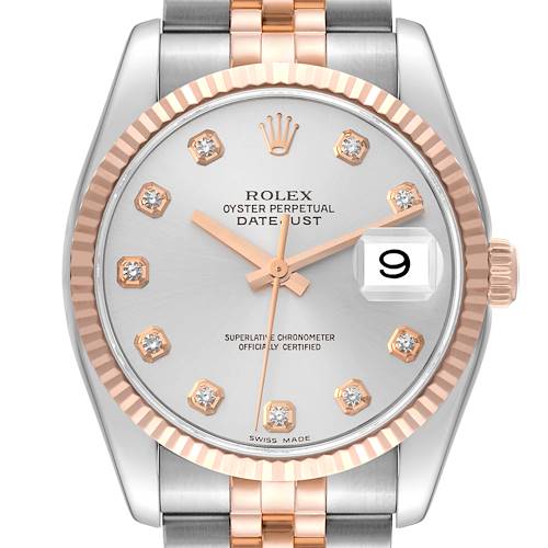 The image shows the face of the Rolex Datejust watch, highlighting the dial, markers, bezel, and part of the bracelet.