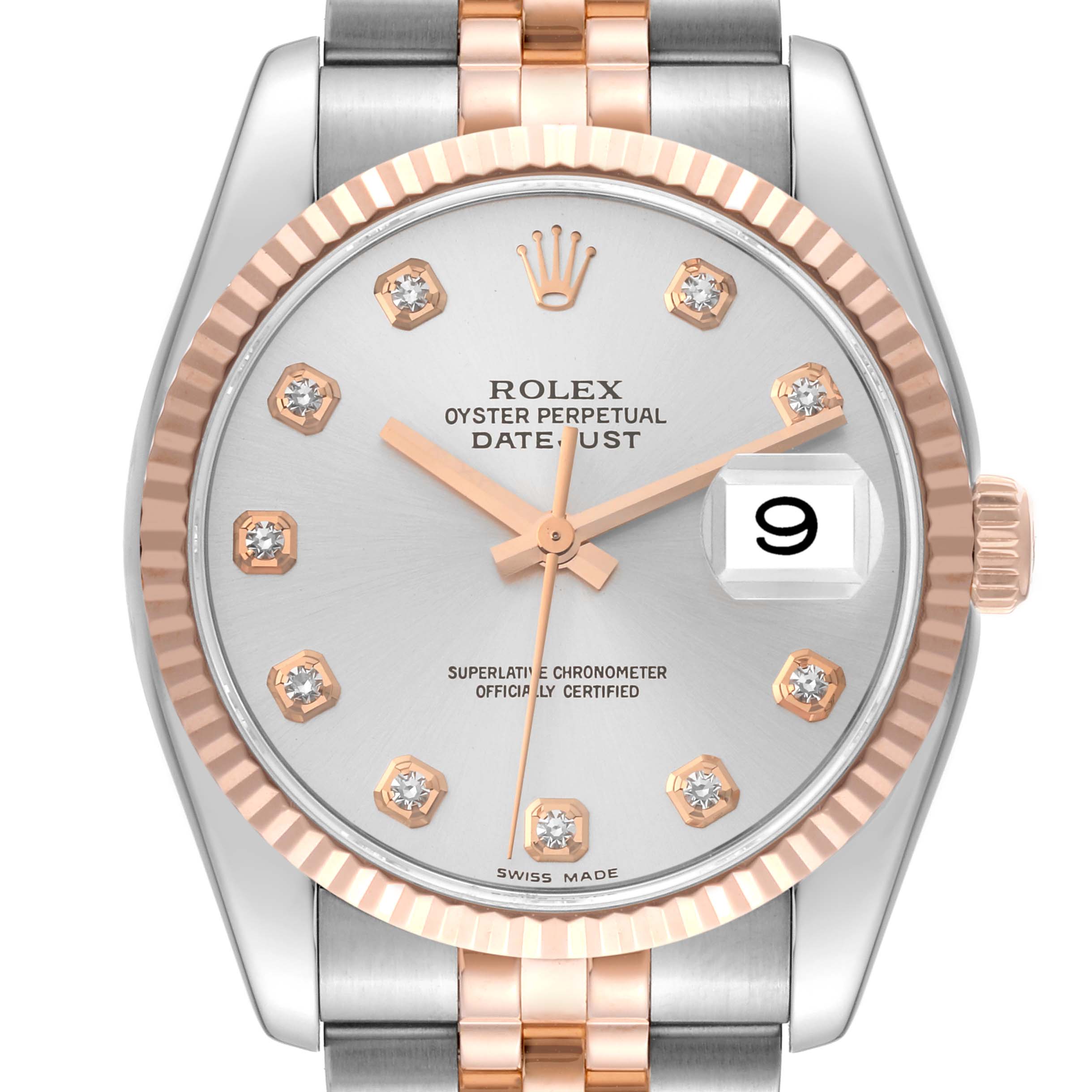 The image shows a frontal view of a Rolex Datejust 116231 Men's Steel and Gold (two tone) Silver Dial 116231 Men's Steel and Gold (two tone) Silver Dial watch, highlighting the dial, bezel, hands, and part of the bracelet.